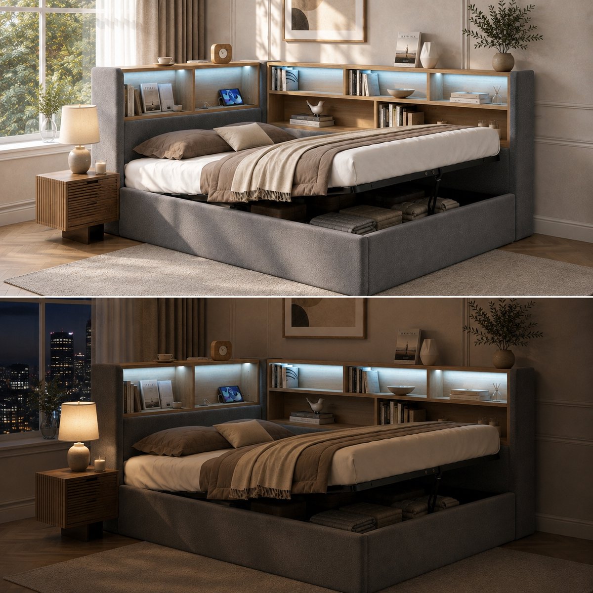 Bedbank 140x190 cm - Met Hydraulische Opbergruimte, Led-Verlichting, Usb en Type-C - Zonder Matras - Fluweel - Grijs