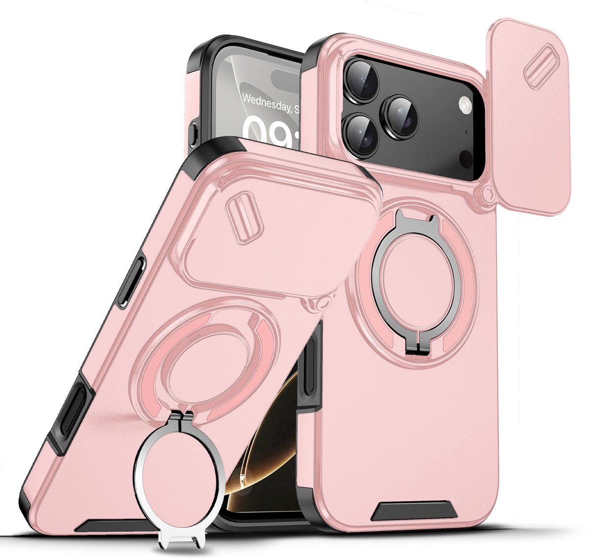 Hoesje Geschikt voor iPhone 18 Pro Max Hoesje - Rose Goud Hybrid Armor, Schokbestendig met Ringhouder & Kickstand, Verhoogde Camerabescherming – voor MagSafe - Ntech