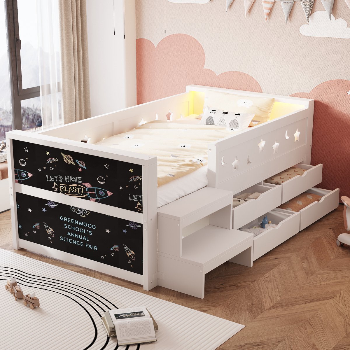 Kinderbed 90 x 200 cm - Eenpersoonsbed Met Veiligheidshekje, LED Verlichting, Lades En Opstapje - Hout - Wit - Zonder Matras