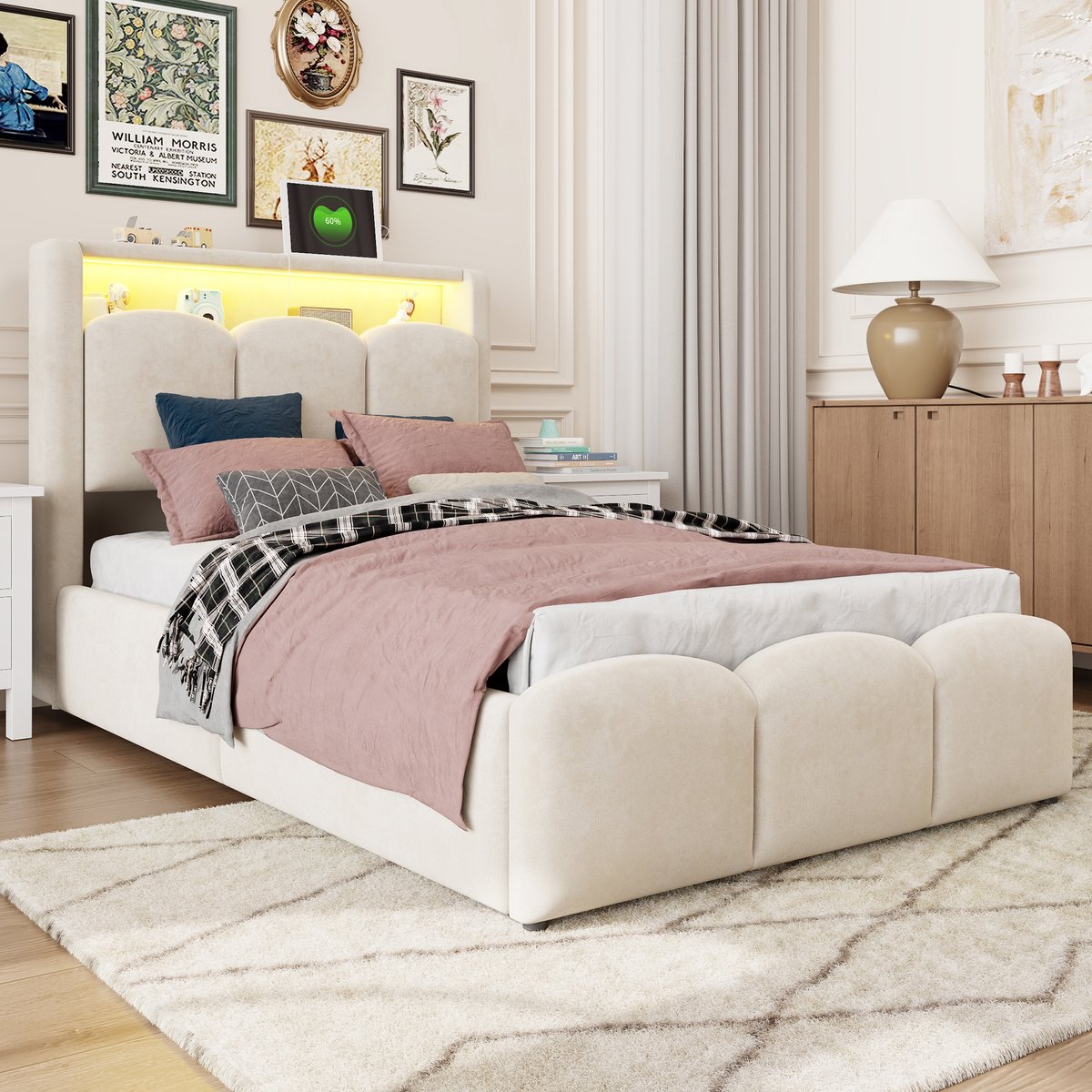 Gestoffeerd Bed 90x200cm Zonder Matras – Kinderbed Met Opbergruimte En Verlichting – Fluweel – Beige