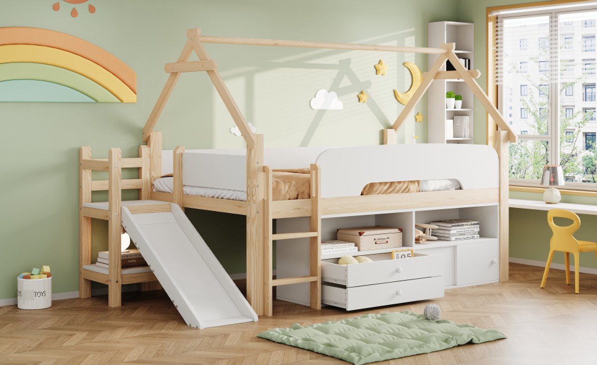 OKWISH Kinder Hoogslaper 90x200 cm - Met Glijbaan En Opbergruimte - Met Veiligheidshekken En Dakframe - Zonder Matras - Hout En MDF - Naturel Wit