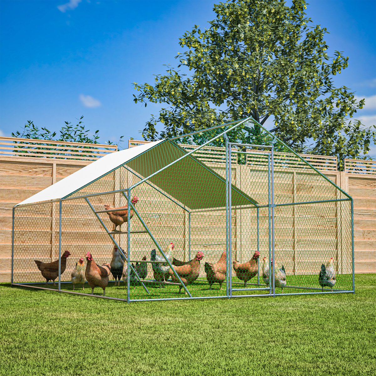 REDOM- Kippenren - Ruime buitenren met zitladder en veiligheidsslot - Gegalvaniseerd stalen frame - PE dak - Metaal - Grijs - 303 x 400 x 200 cm