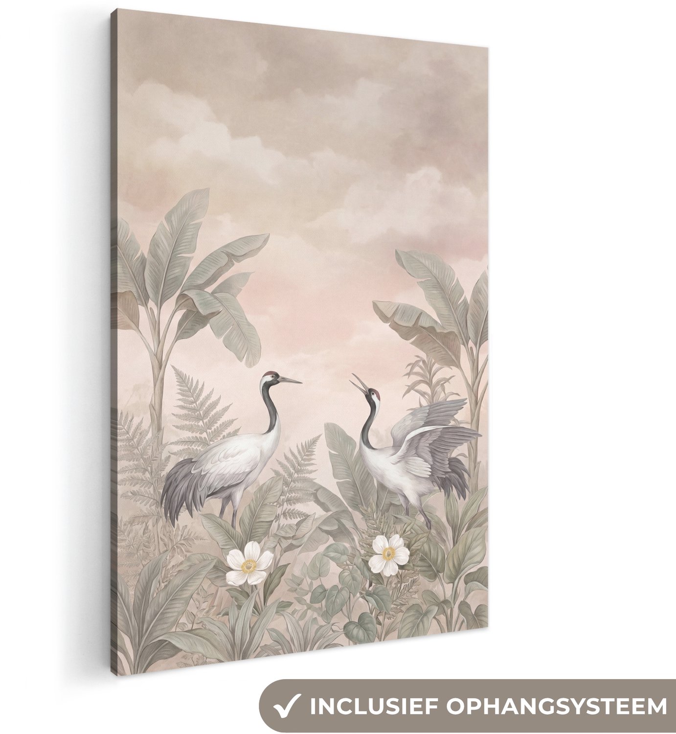 Canvas schilderij 120x180 cm - Exclusieve wanddecoratie Kraanvogels - Natuur - Roze - Muurdecoratie woonkamer - Slaapkamer decoratie - Kamer accessoires - Schilderijen op canvas groot XXL