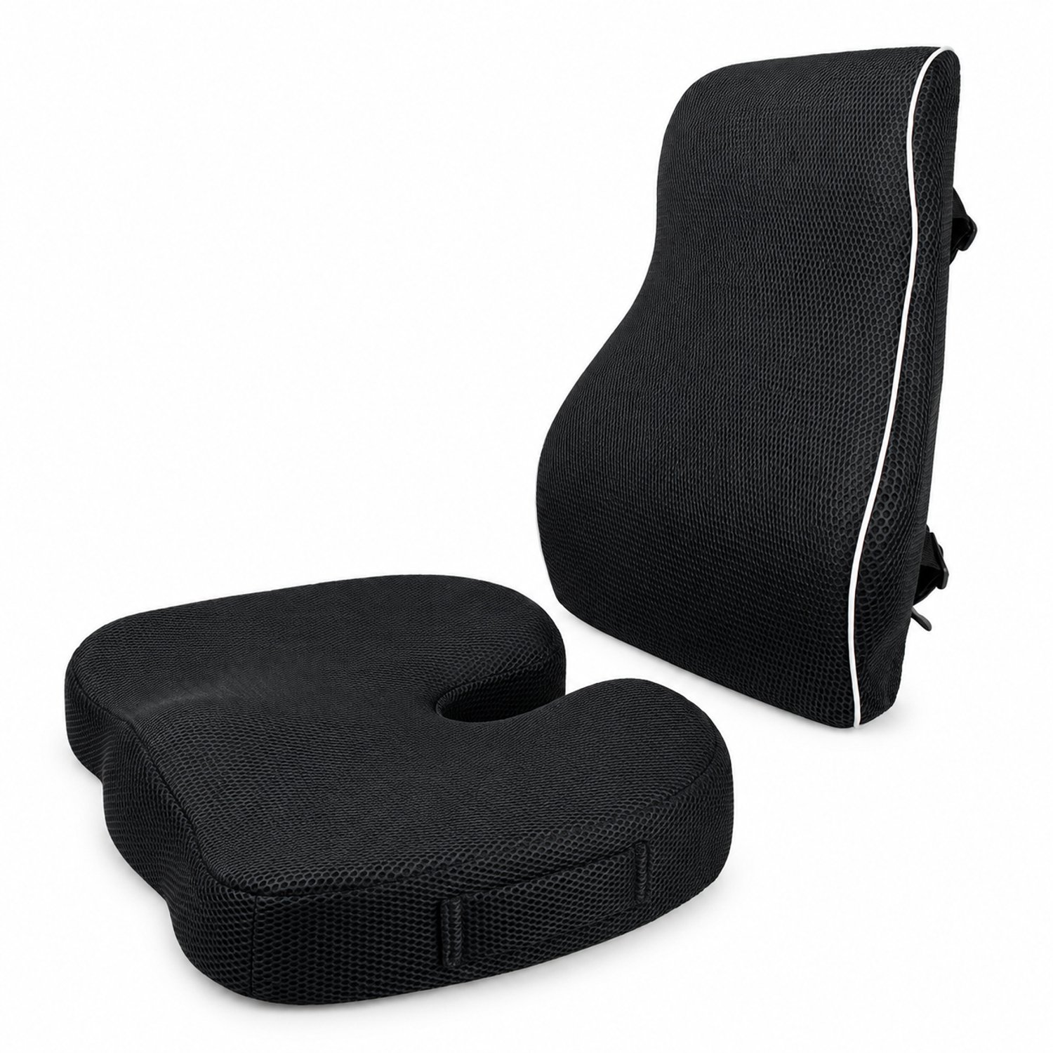 2-delige zwarte kussenset van traagschuim - Zitkussen en lendenkussen met meshbekleding voor bureau- en autostoelen