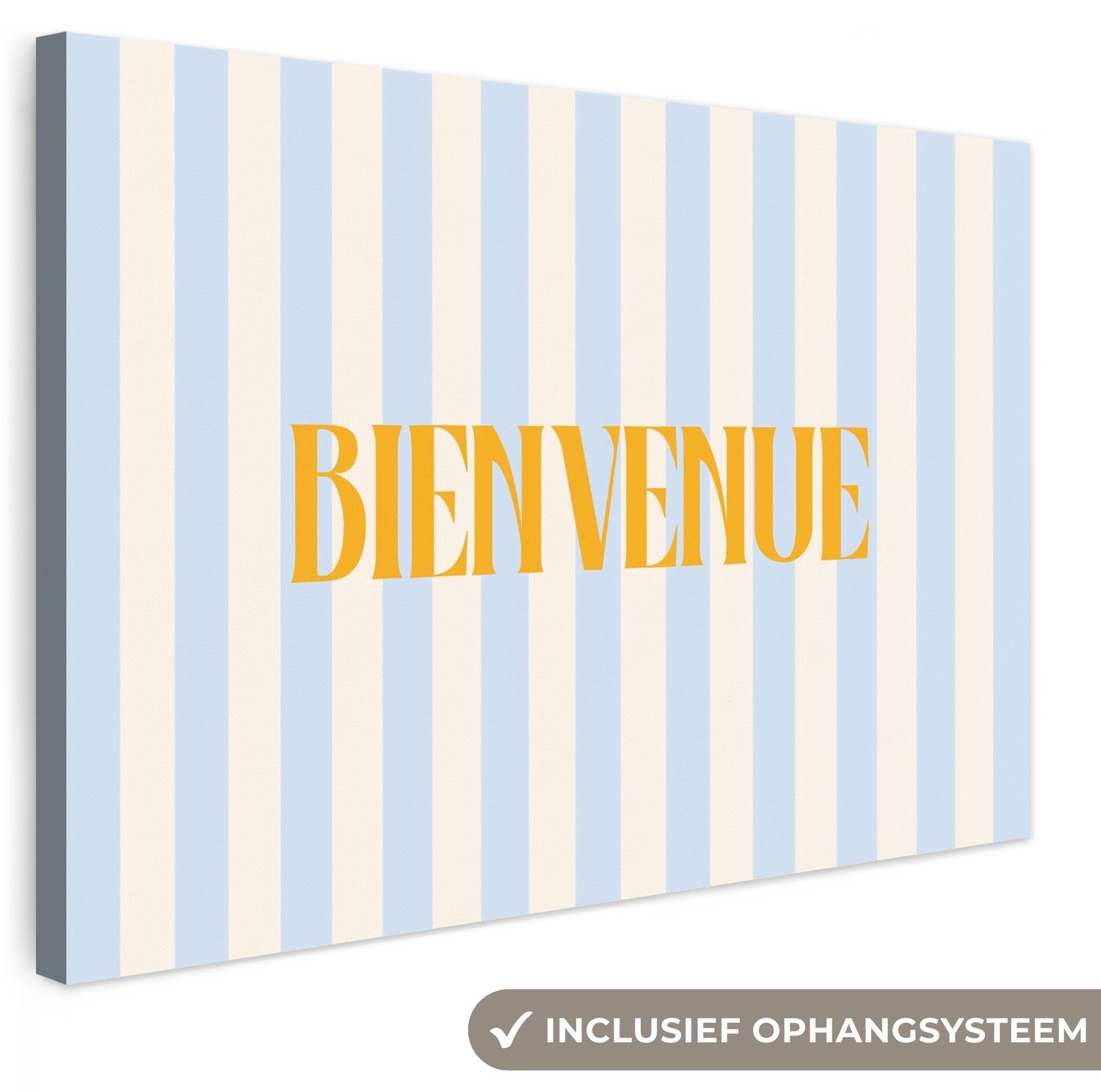 Canvas schilderij 60x40 cm - Exclusieve wanddecoratie Oranje - Blauw - Strepen - Bienvenue - Muurdecoratie woonkamer - Slaapkamer decoratie - Kamer accessoires - Schilderijen op canvas