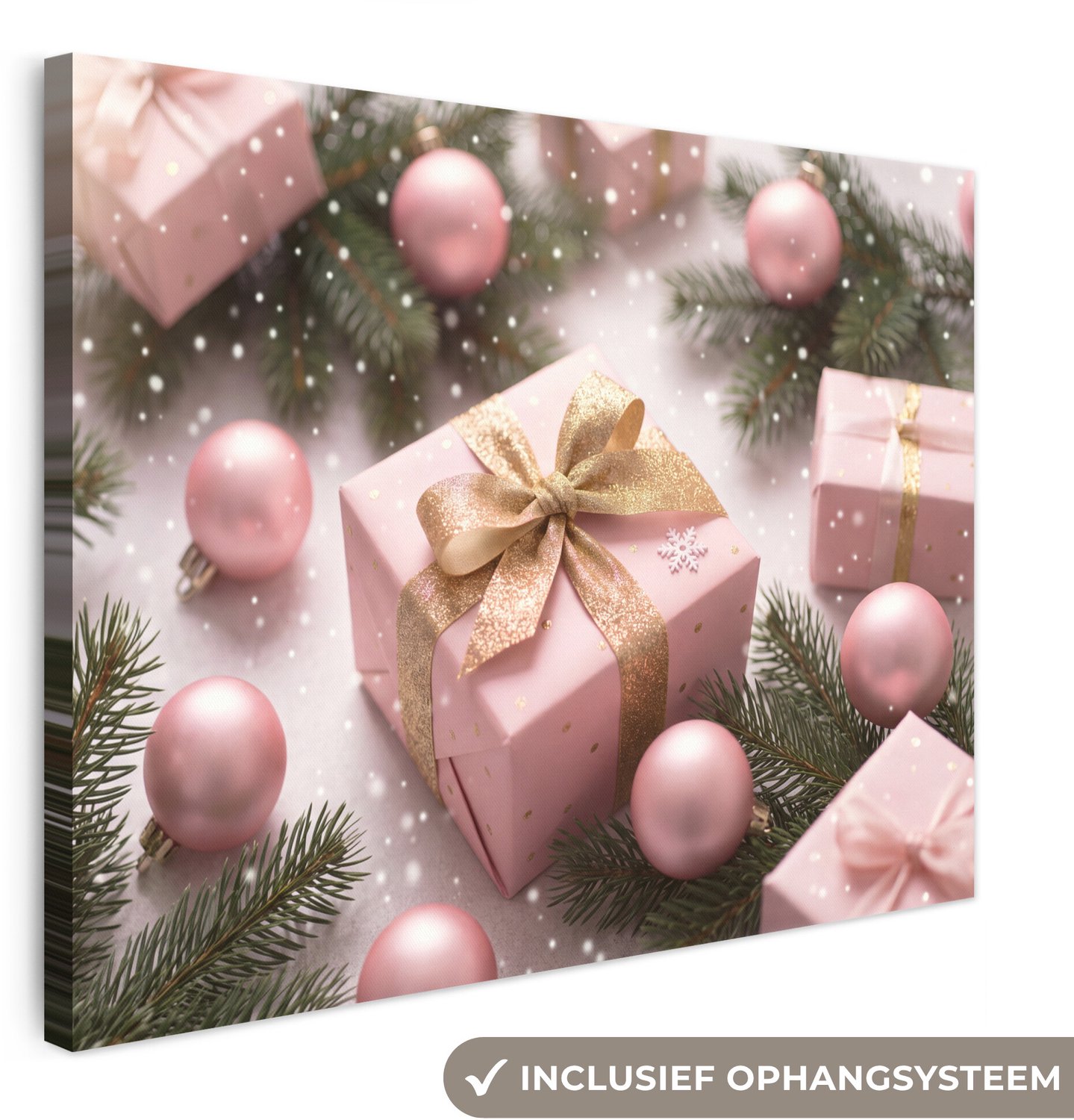 Canvas schilderij 100x70 cm - Exclusieve wanddecoratie Cadeau - Kerst - Roze - Muurdecoratie woonkamer - Slaapkamer decoratie - Kamer accessoires - Schilderijen op canvas - Kerstdecoratie voor binnen - Kerstversiering - Kerstmis versiering