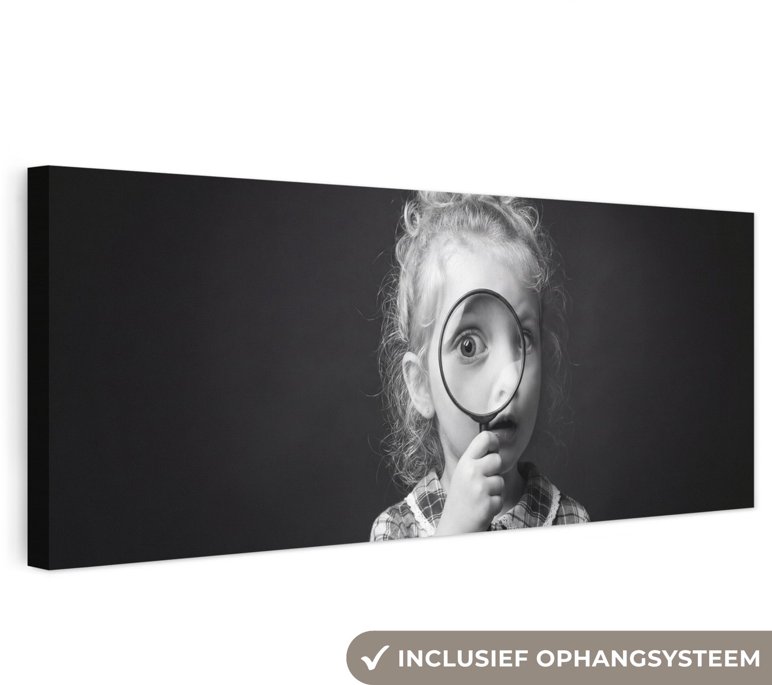Canvas schilderij 120x40 cm - Exclusieve wanddecoratie Kind - Vergrootglas - Portret - Zwart-wit - Muurdecoratie woonkamer - Slaapkamer decoratie - Kamer accessoires - Schilderijen op canvas