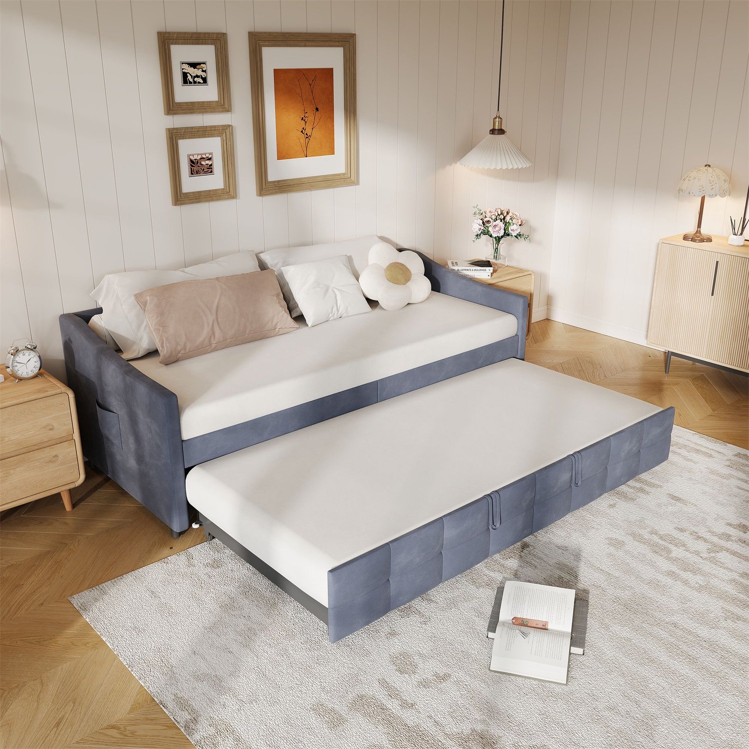 Mofor Bedbank met uitschuifbed 2 x 90x200 cm - zijvakken - fluwelen bekleding - gecapitonneerde afwerking - grijs