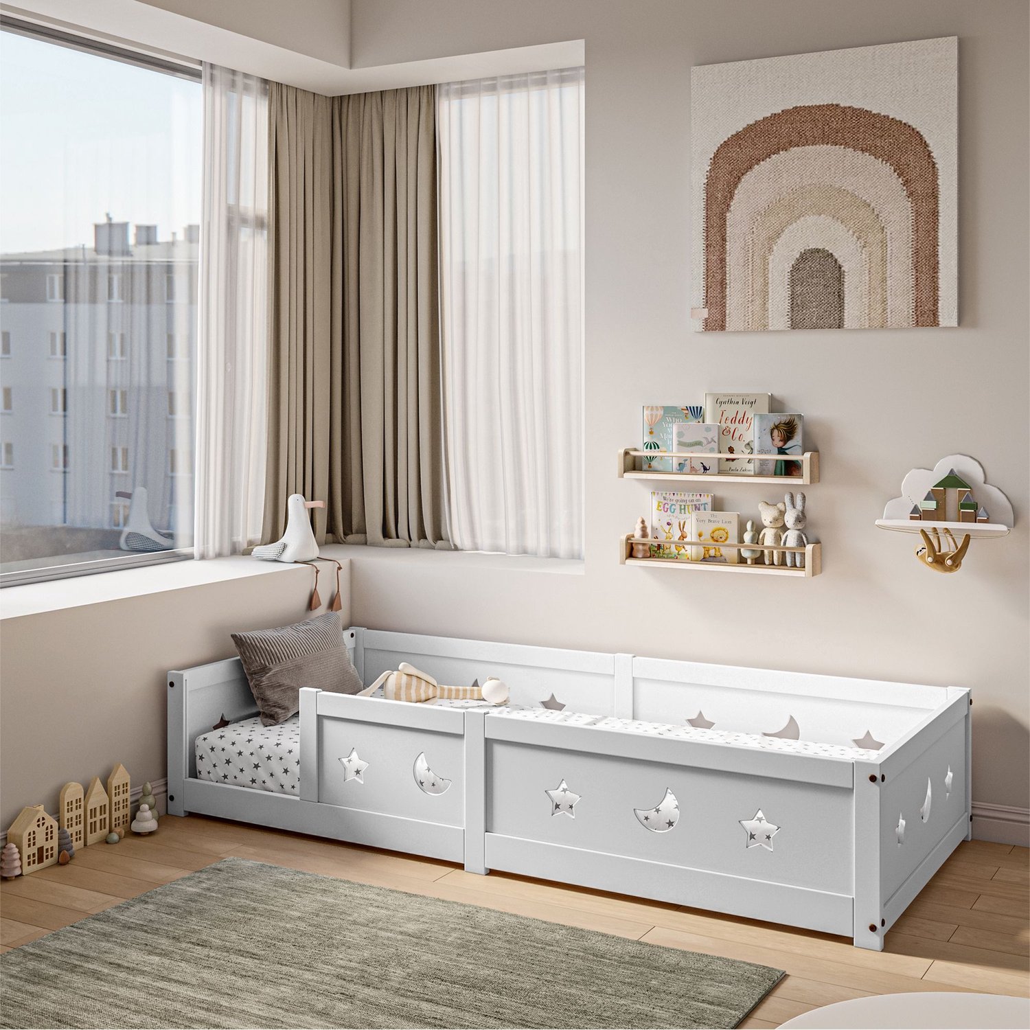 Mofor Montessori kinderbed 90x200 cm - houten vloerbed met uitvalbeveiliging en lattenbodem - sterren- en maanmotief - wit