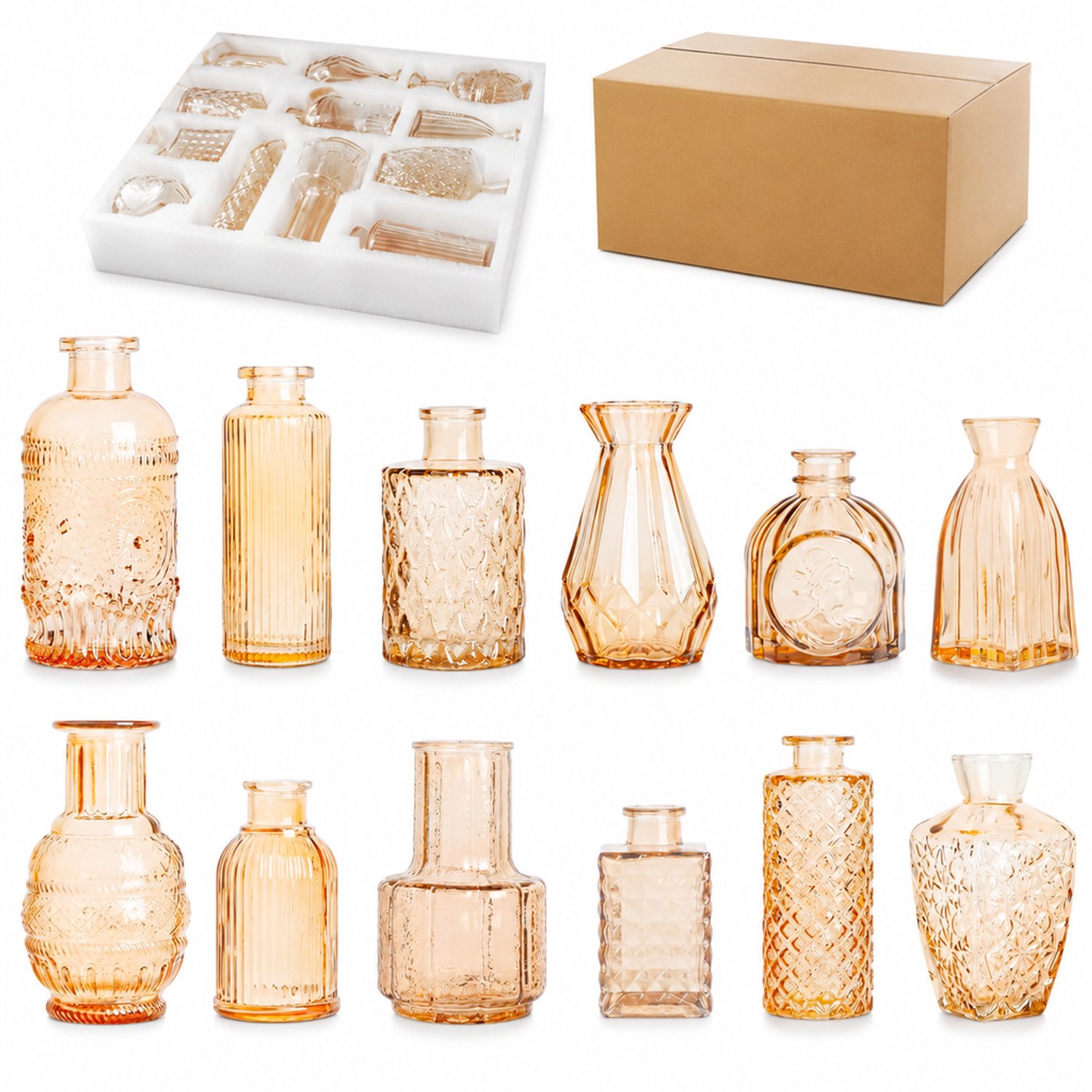 SWGOTA Set van 12 amberkleurige glazen vaasjes - Verschillende retrovormen met reliëf - Voor kunstbloemen en tafeldecoratie - In kartonnen doos