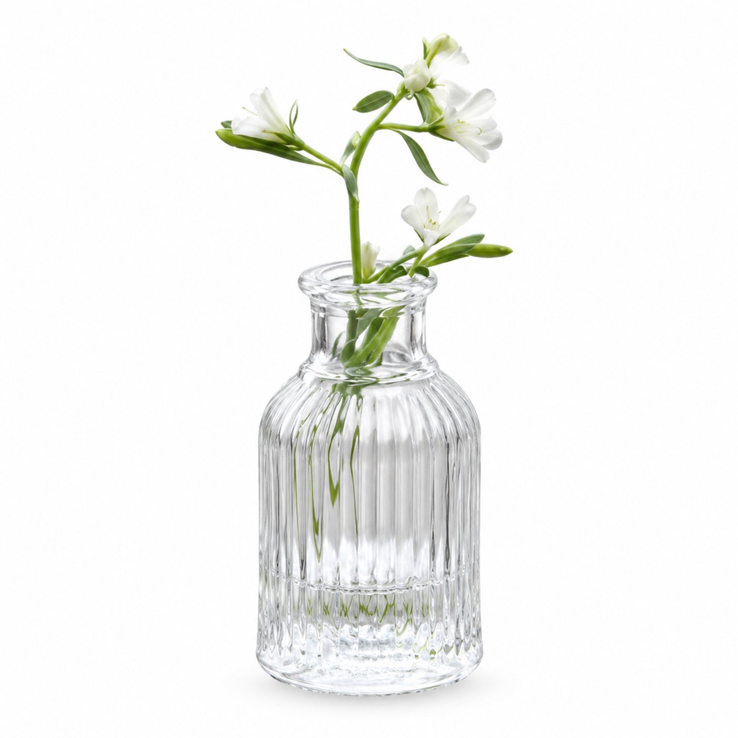 SWGOTA Retro glazen vaas met verticaal ribbelreliëf, transparant, smalle hals en ronde opening, voor kunstbloemen, in kartonnen doos
