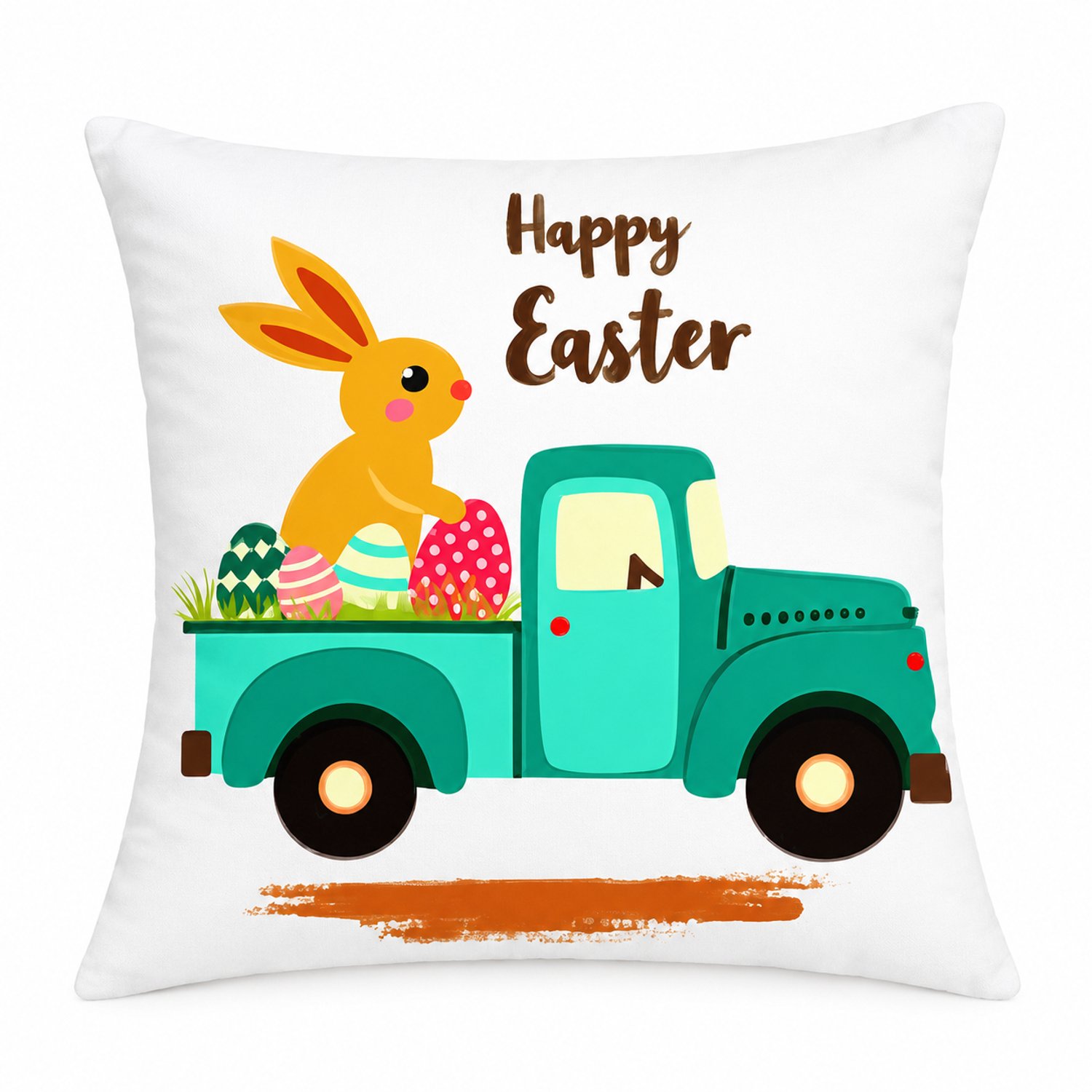 SWGOTA Paaskussenhoes 45 x 45 cm van polyester - Vierkant met konijn, paaseieren en groene truck - Decoratie voor de bank Wit