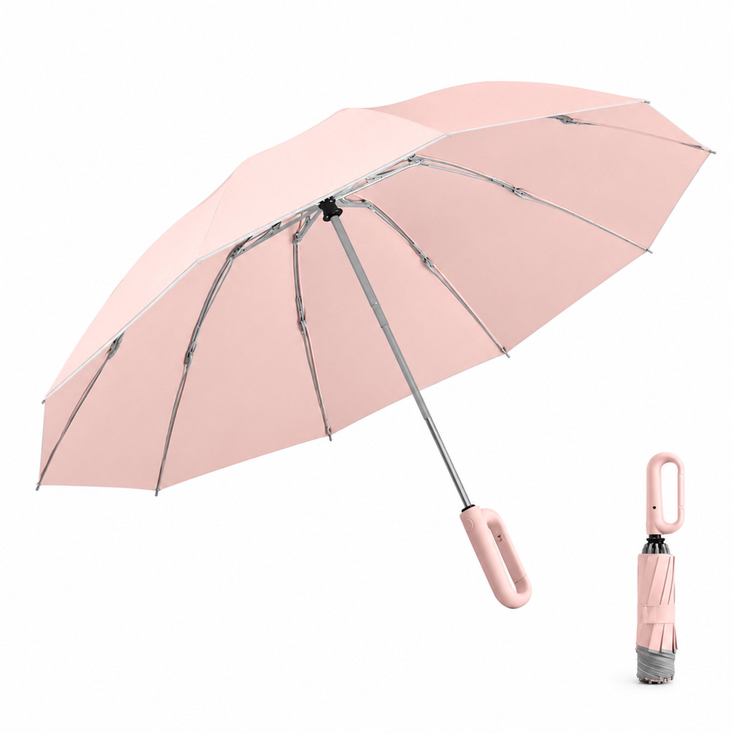 Roze opvouwbare regen- en zonparaplu, 23 inch, 280T-doek, aluminium frame, automatisch omgekeerd sluiten en ringhandgreep