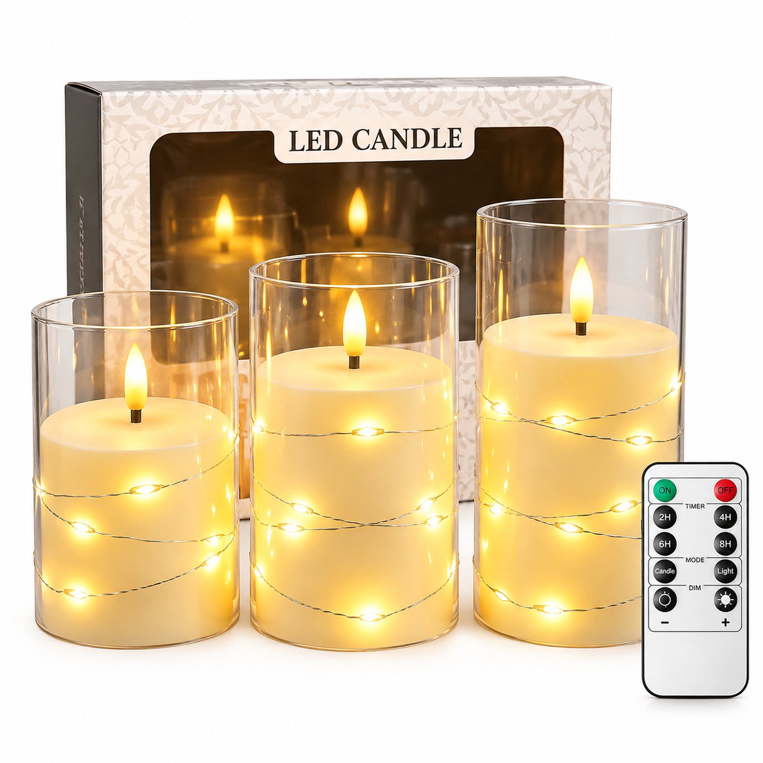 SWGOTA led kaarsen, set van 3 met warme imitatievlam en decoratief lichtsnoer, met afstandsbediening en vensterdoos Bruin