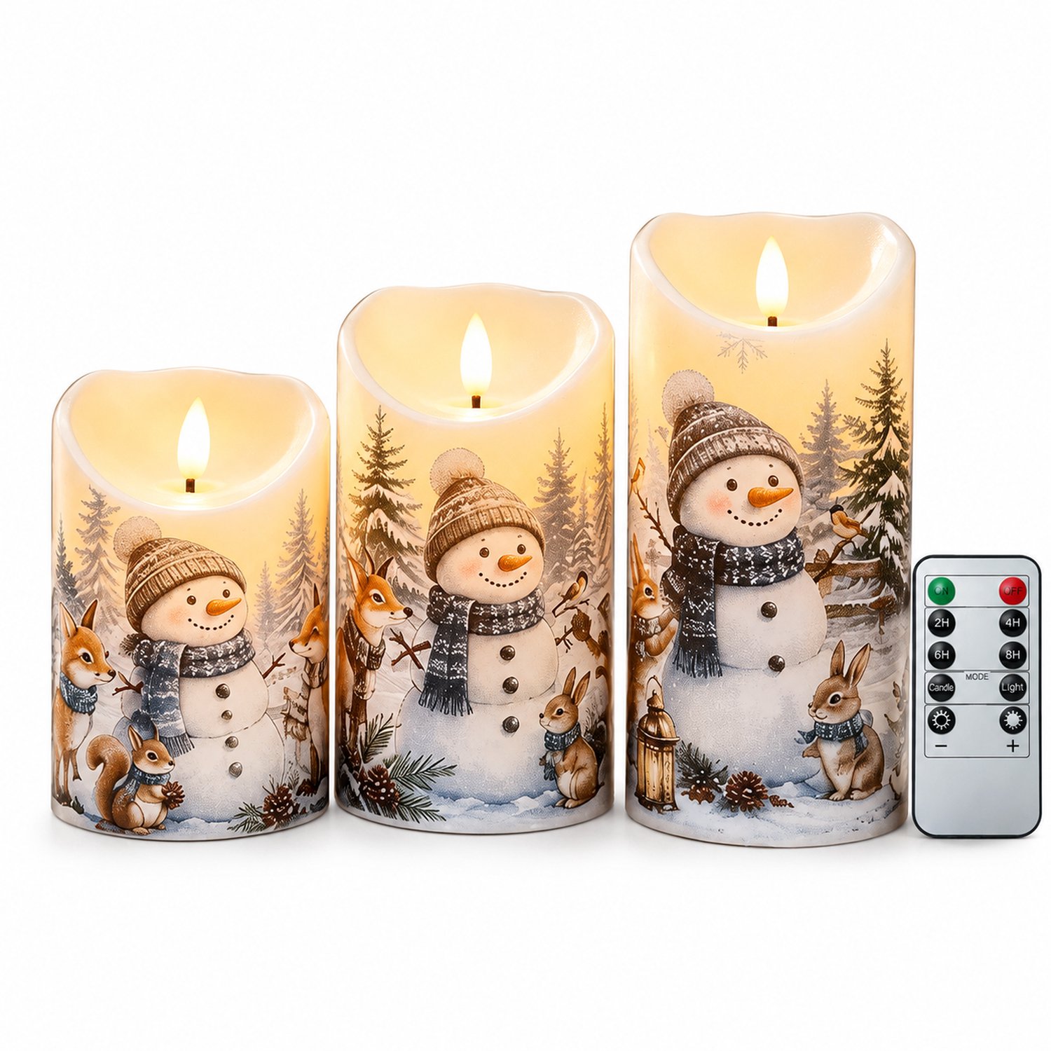 SWGOTA LED kaarsen, set van 3 met sneeuwmanmotief, schuine rand en afstandsbediening, warm licht, batterijen niet inbegrepen Blauw