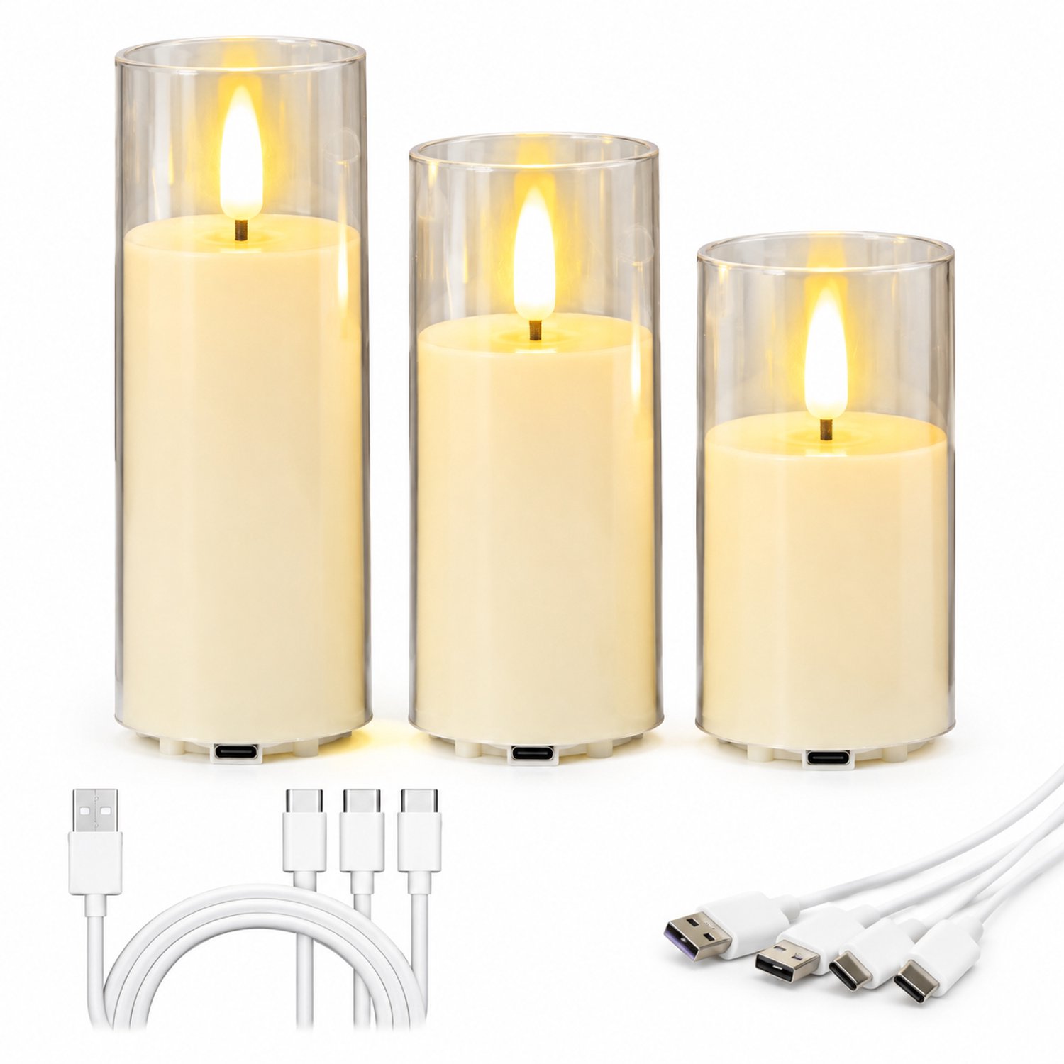 SWGOTA Elektronische kaarsen, set van 3, oplaadbaar met USB-laadkabel, transparante cilindrische behuizing, diameter 5,5 cm, hoogtes 10/12,5/15 cm