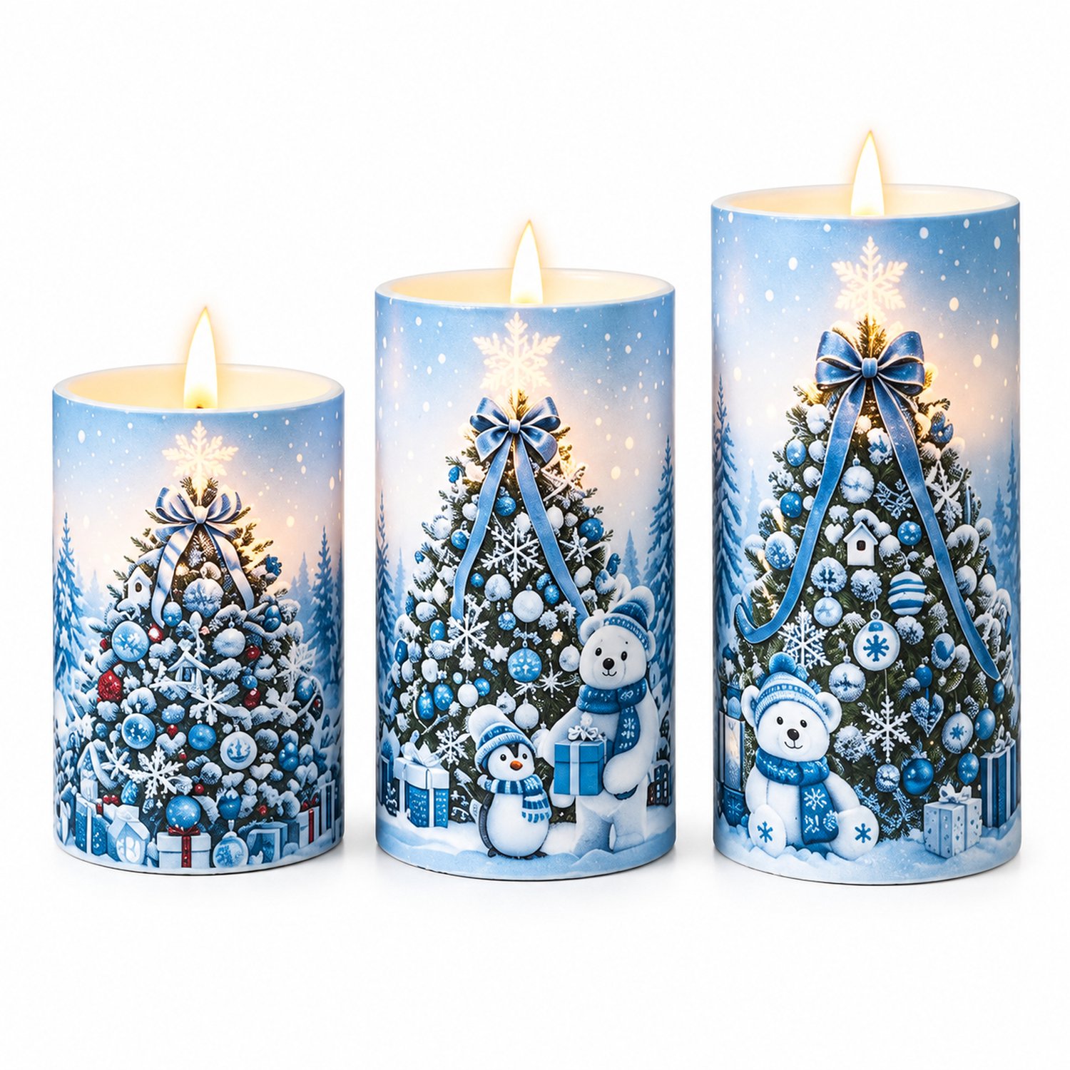 SWGOTA led kaarsen set van 3 met blauwe kerstboomprint, warm licht, kunststof behuizing, op batterijen, zonder batterijen
