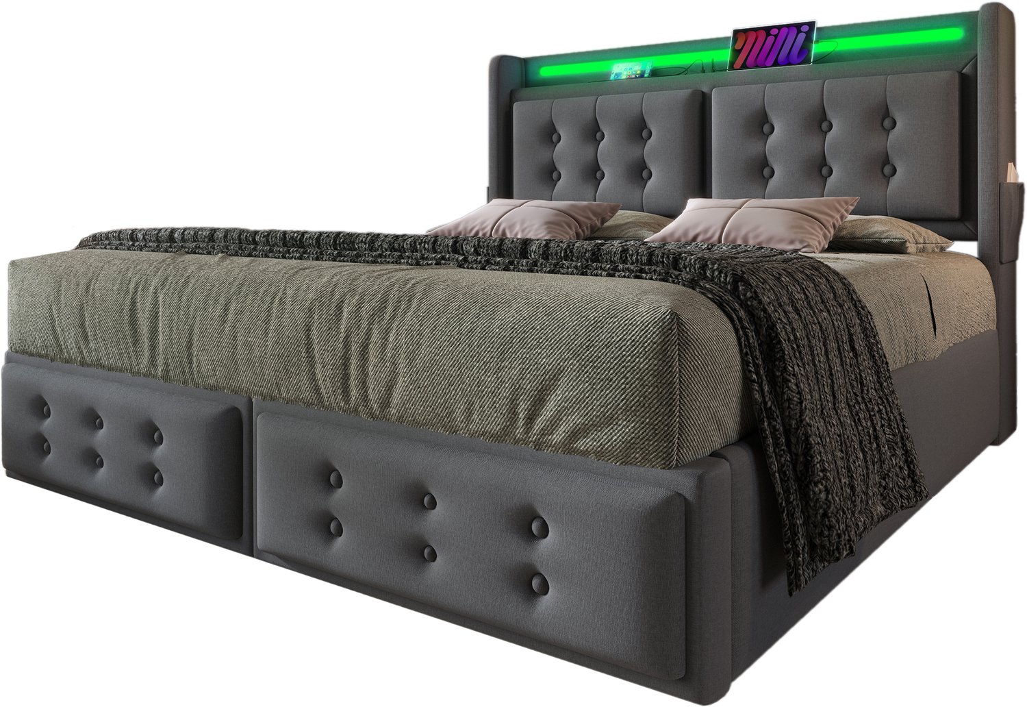 MUVANO Gestoffeerd bed - Opbergbed met gasveren - LED-hoofdbord en USB-C - Katoen-linnen, hout en metaal - 140x200 cm - Voor de slaapkamer grijs