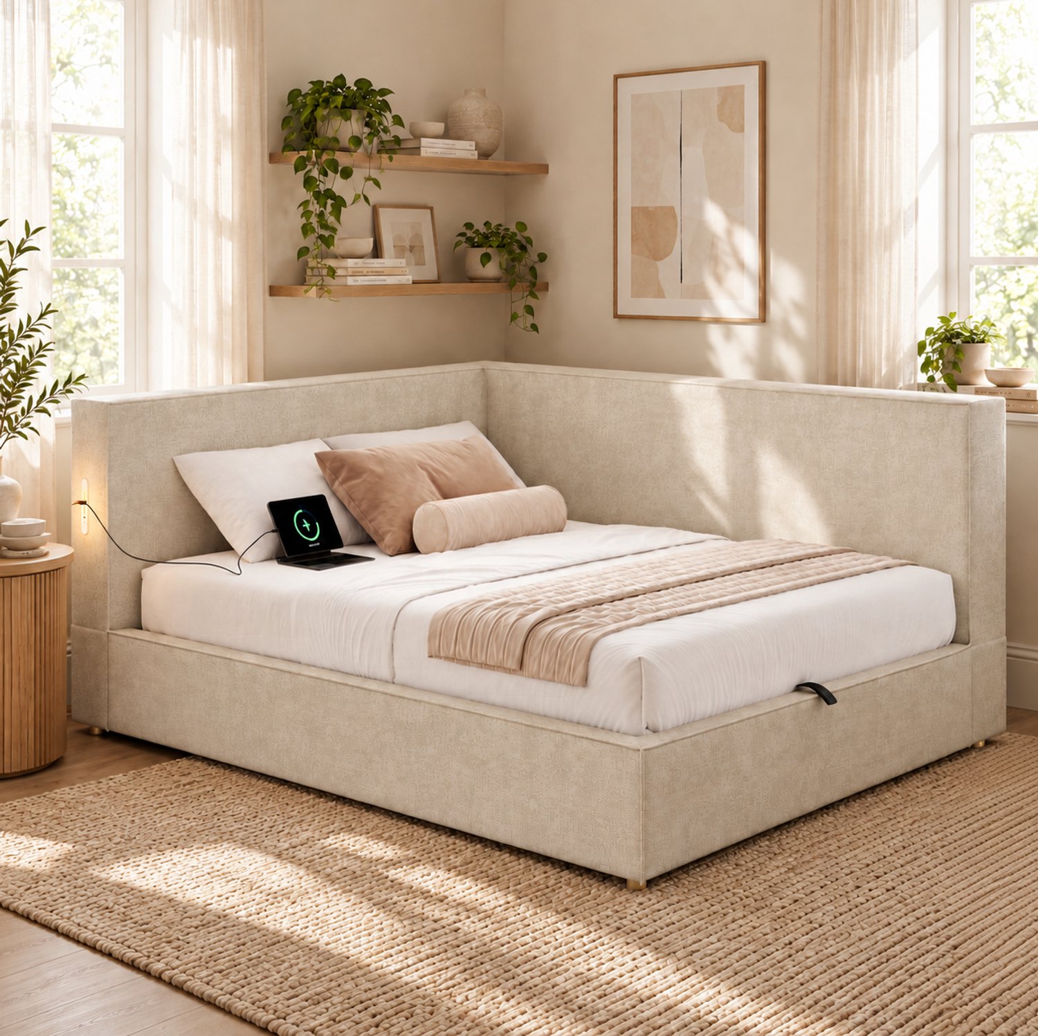MODFU Gestoffeerd Bed Met Opbergruimte En Lattenbodem - Chenille - Beige - 140 X 190 Cm