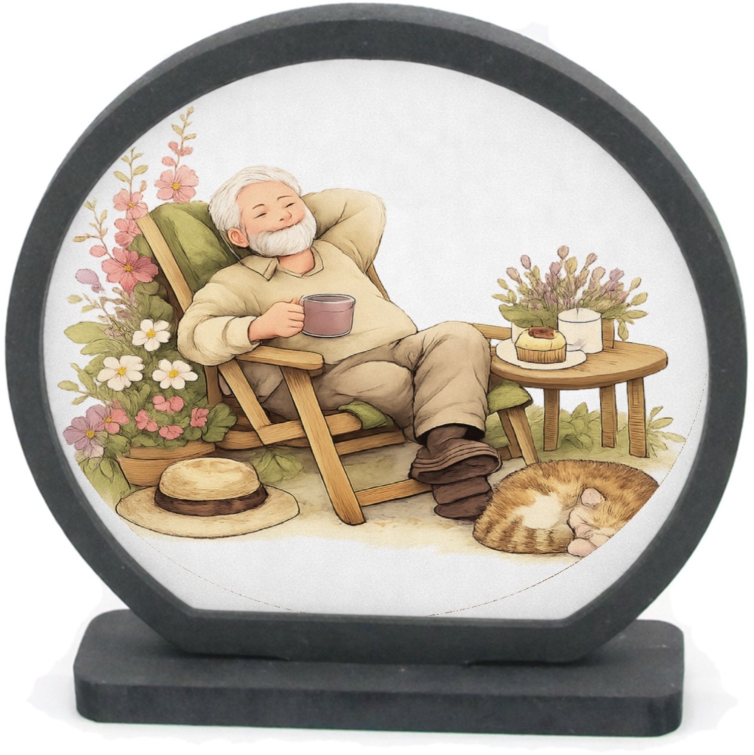Mr Cadeautjes Houten fotolijst rond met MDF inleg - design Een vrolijke overgangsillustratie rond vrijetijd en rust, me | cadeau Wit