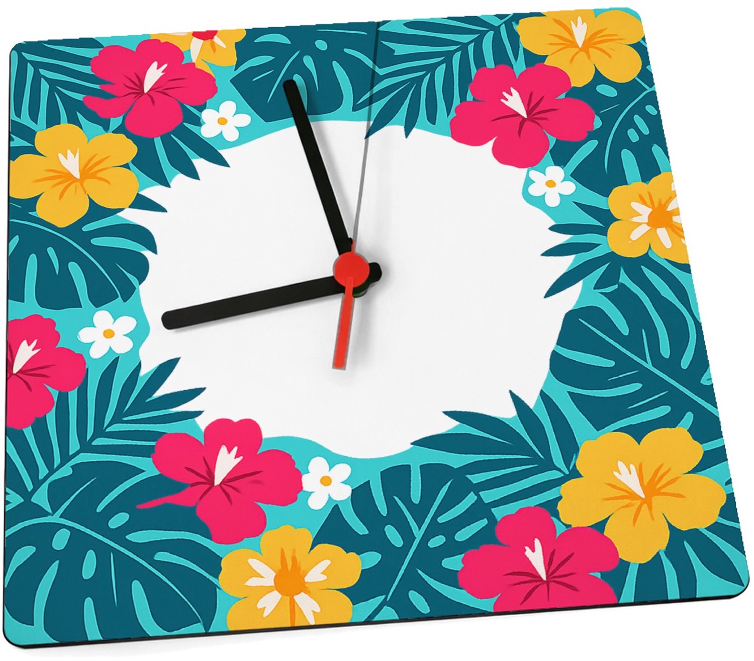 Mr Cadeautjes Klok 19 x 19 - design Fris botanisch herhaalpatroon met een speels centraal labelv | cadeau Wit