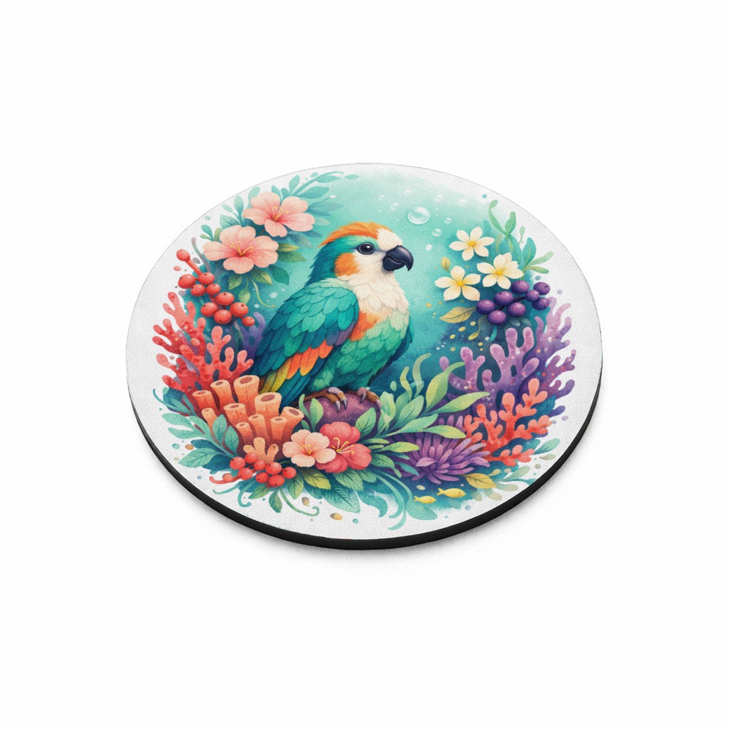 Mr Cadeautjes MDF magnetische fotolijst rond Ø 9,5 - design Een tropische vogel in een weelderige bloemenzee met bladere | cadeau Wit