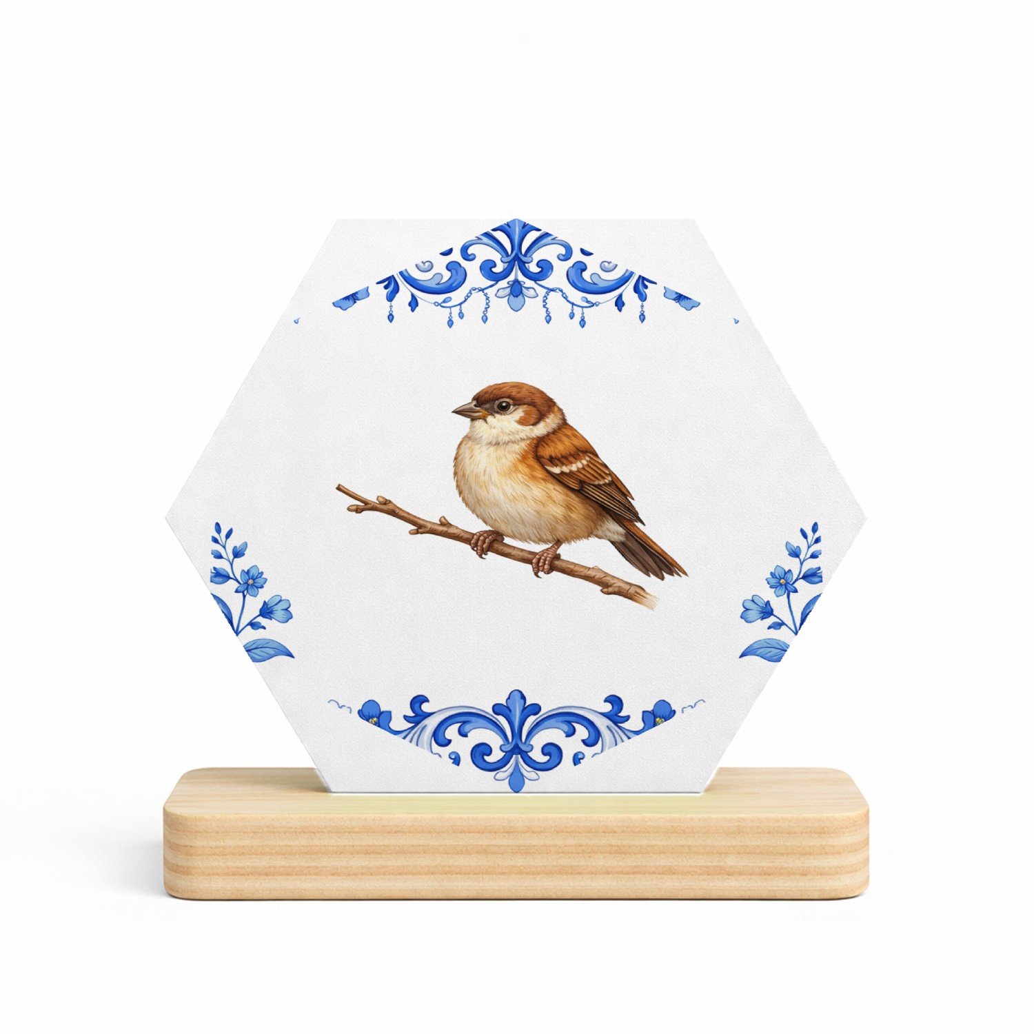 Mr Cadeautjes MDF fotolijst/inleg hexagon 14 x 13 - design Een sierlijke vlinder centraal op een zachte botanische rand | cadeau Wit