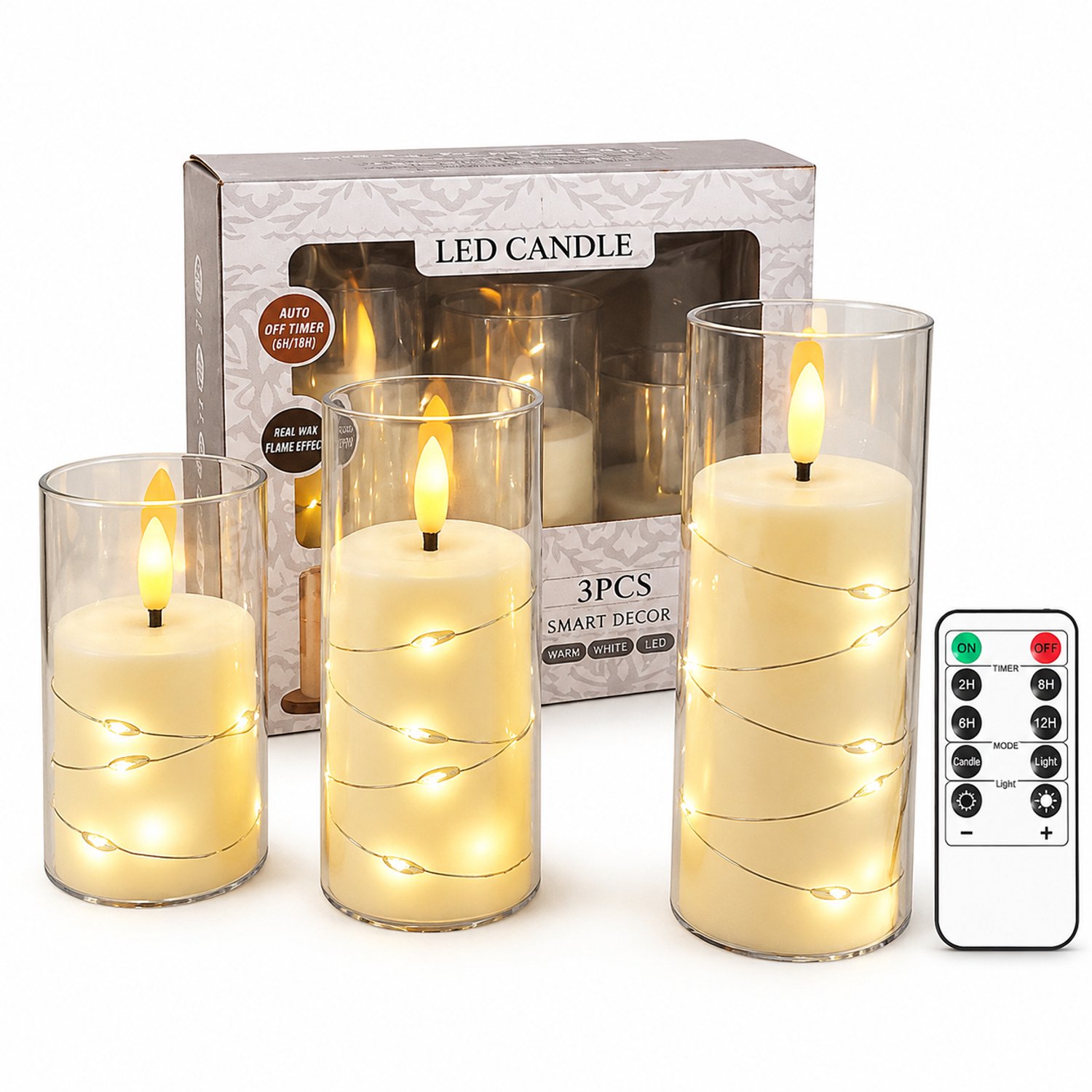 SWGOTA led kaarsen, set van 3 met warme vlamvormige verlichting en decoratief lichtsnoer, cilindrische uitvoering met afstandsbediening Bruin
