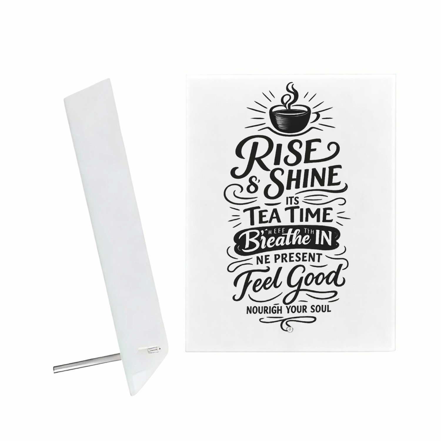 Mr Cadeautjes Glazen fotopaneel Een ochtendthema met een warme drank en een positieve boodsc - 15 x 20 cm, staand - glas, decoratie, wanddecoratie | cadeau Wit