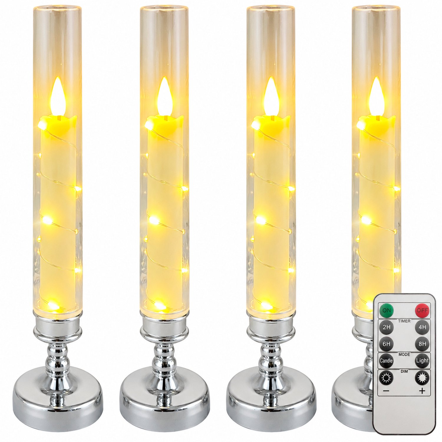 SWGOTA led kaarsen, set van 4, warmwit met draadverlichting, transparante buis en zilverkleurige voet, afstandsbediening met 10 knoppen