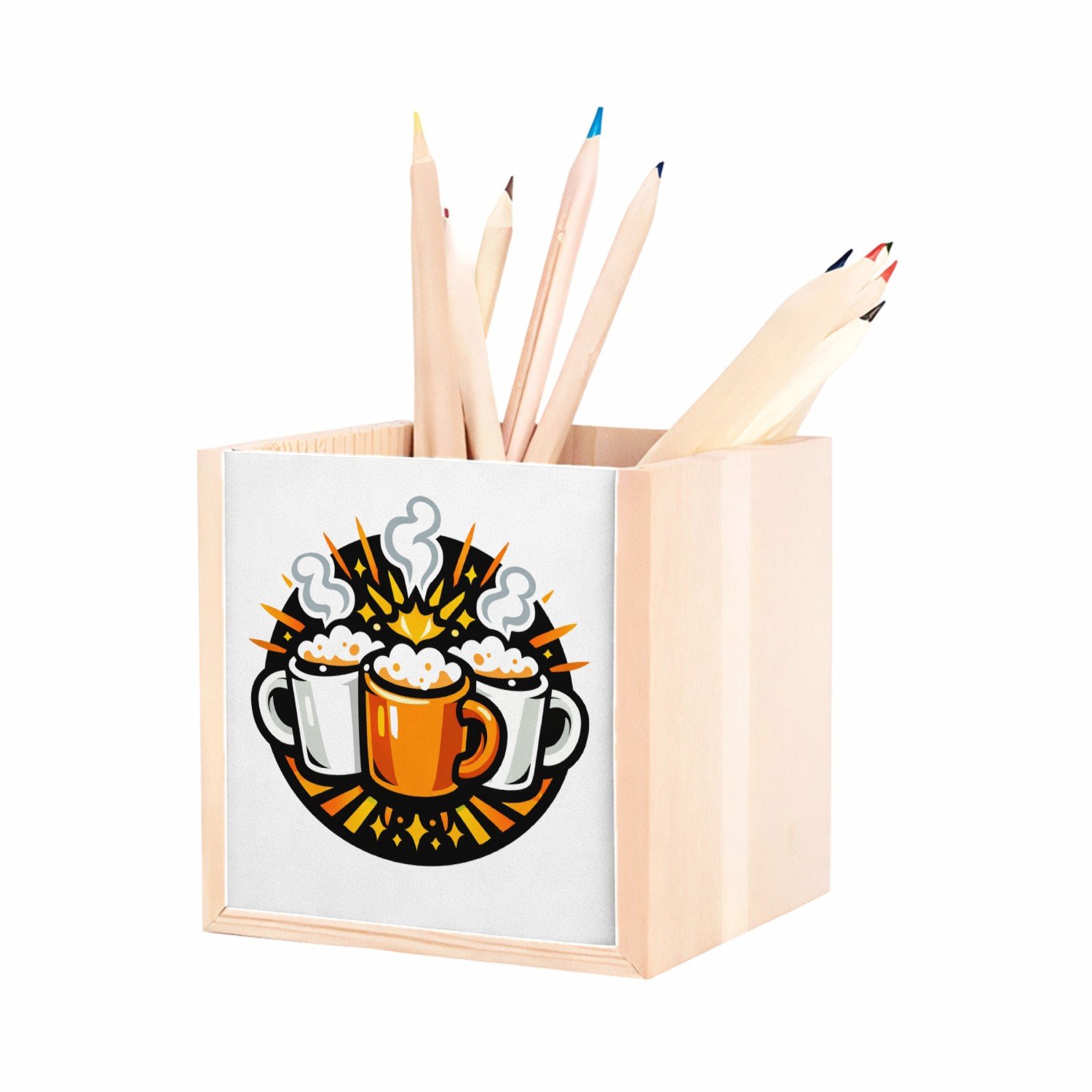Mr Cadeautjes MDF pennenbak 10 x 10 x 10 - design Een humoristische vriendenprint met twee of drie koffiemokke | cadeau