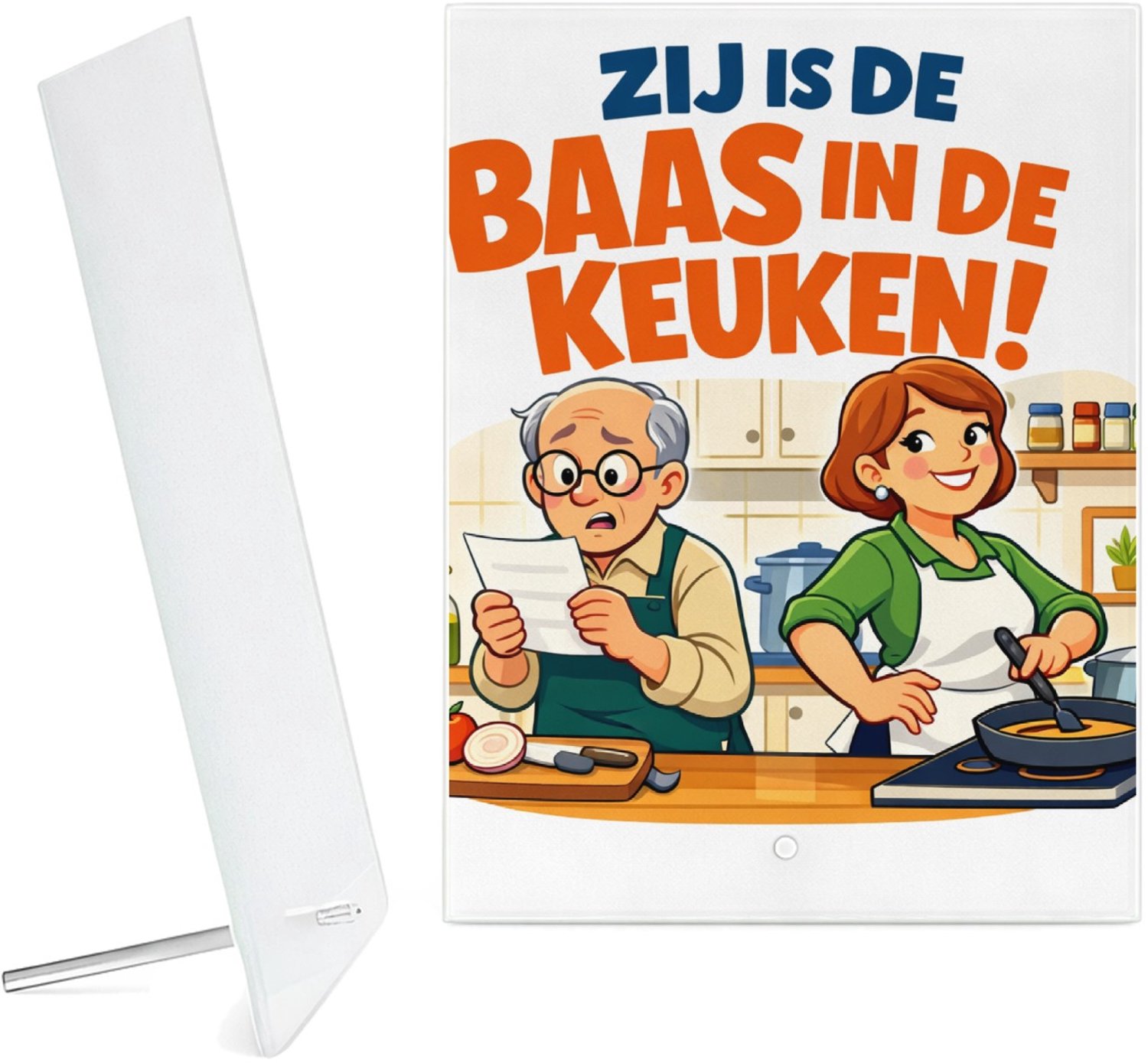 Mr Cadeautjes Glazen fotopaneel Een speelse partnerschap-grap met een alledaagse rolomkering - 15 x 20 cm, staand - glas, decoratie, wanddecoratie | cadeau Wit