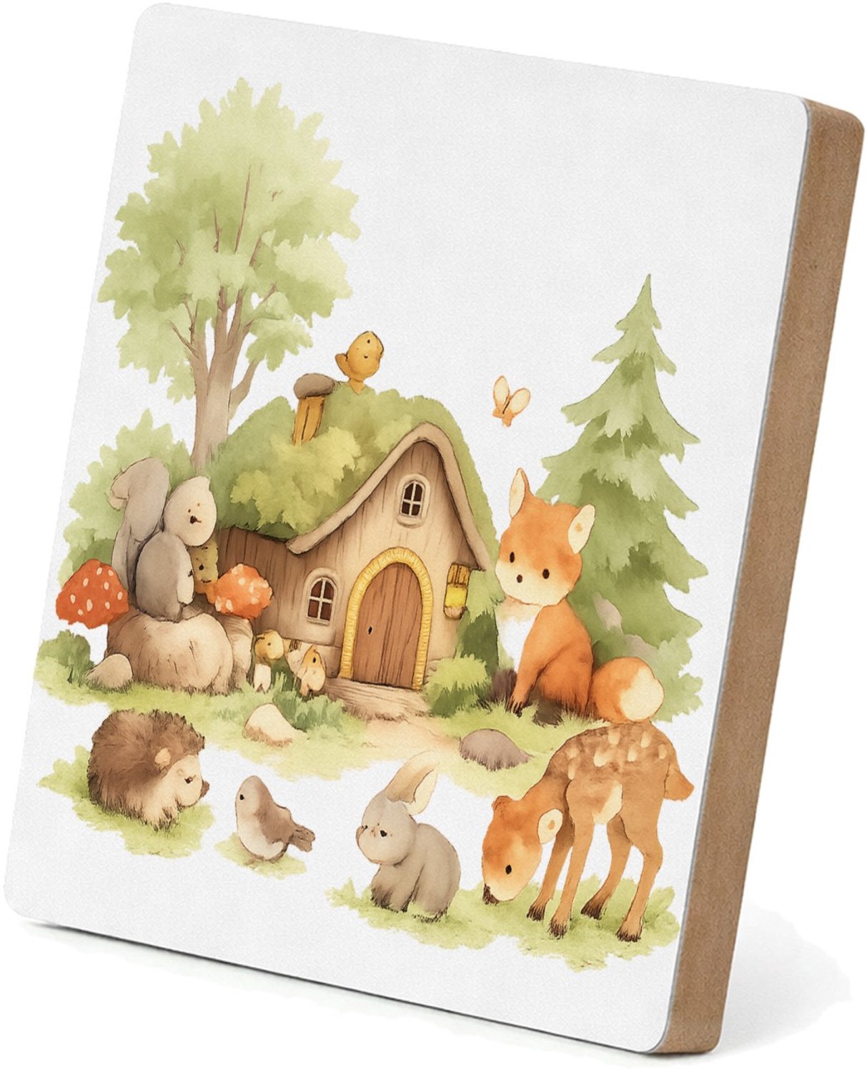 Mr Cadeautjes MDF staande fotolijst 15,2 x 15,2 - design Een bosrijk ochtendtafereel met schattige dieren rond een ho | cadeau Wit