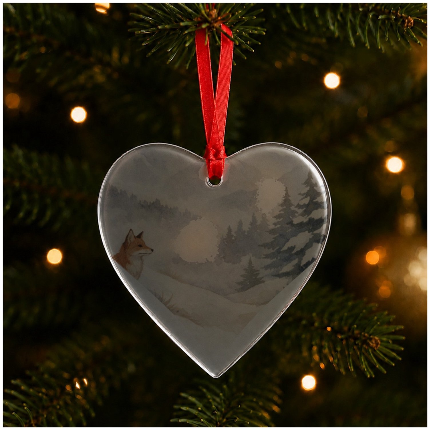 Mr Cadeautjes Glazen hart small - design Een bergwinter-scène met een vos die op een besneeuwde helli | cadeau Wit
