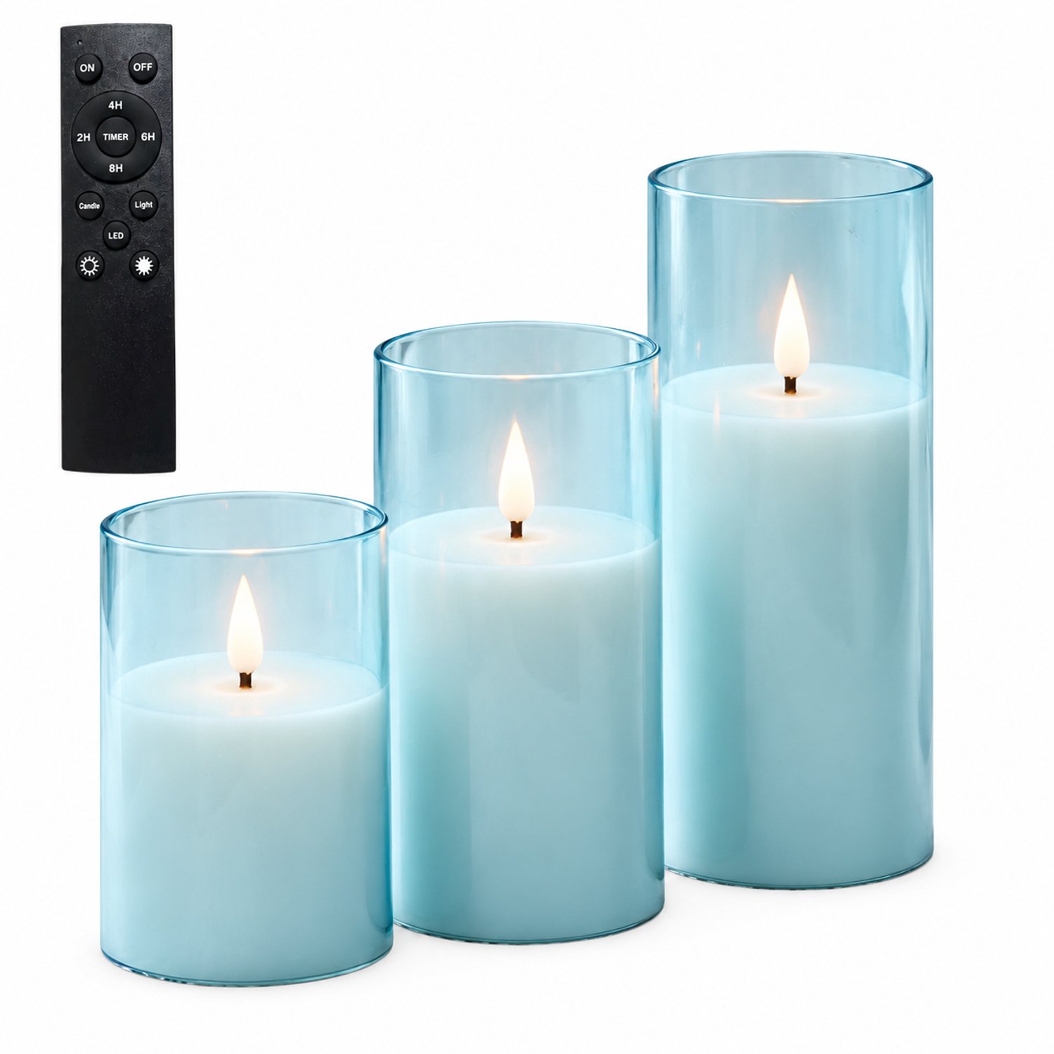 SWGOTA led kaarsen, 3 stuks per doos, lichtblauw met druppelvormige vlam en grote afstandsbediening, voor bruiloften en verjaardagen