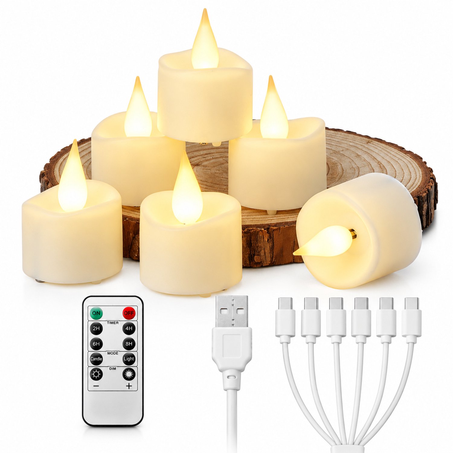 SWGOTA led kaarsen, 6 theelichtjes met druppelvormige vlam, USB-oplaadbaar, timer en dimfunctie, inclusief 10-knopsafstandsbediening en laadkabel met 6 aansluitingen Wit