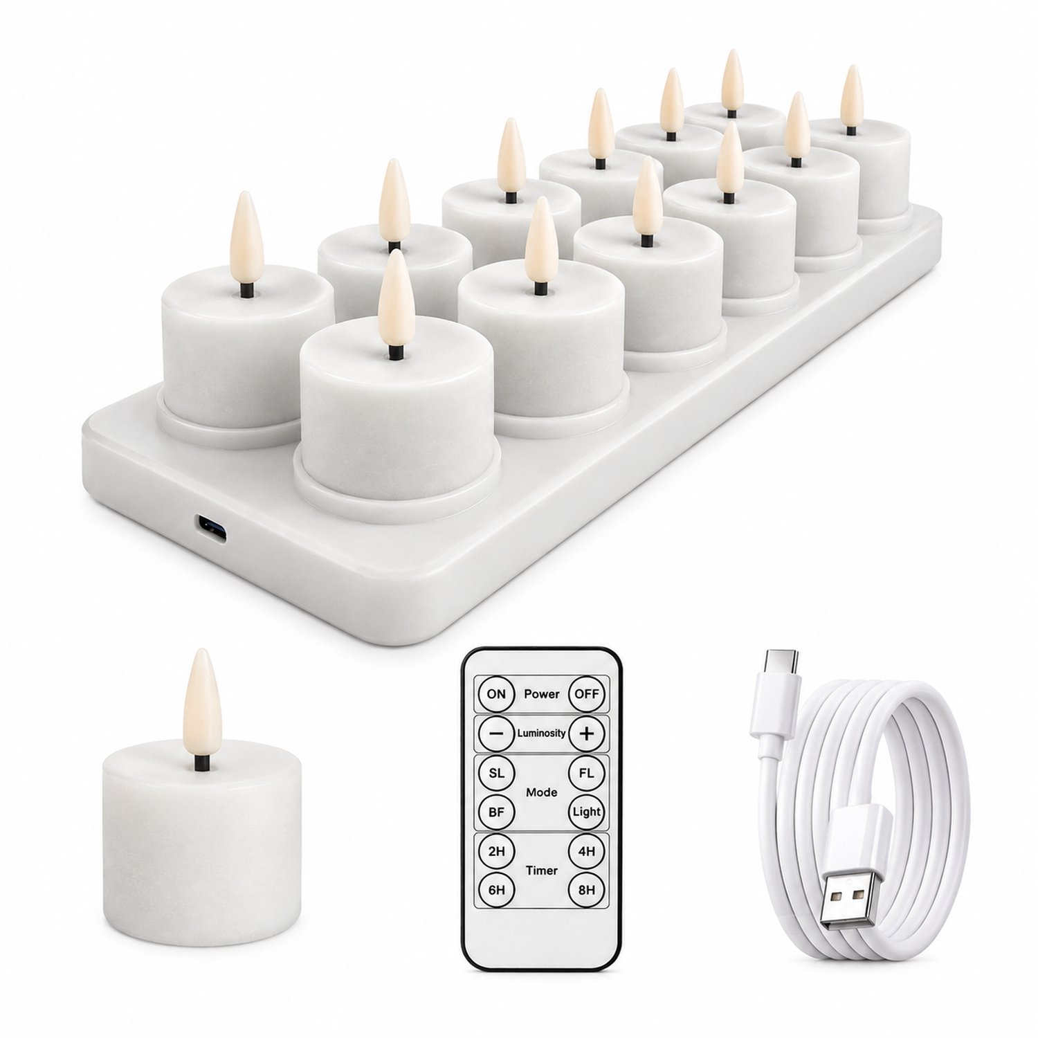 SWGOTA led kaarsen set van 12 - Wit, warm licht, gladde uitvoering - Type-C-opladen en afstandsbediening - Inclusief laadstation met 2 x 6 plaatsen en laadkabel