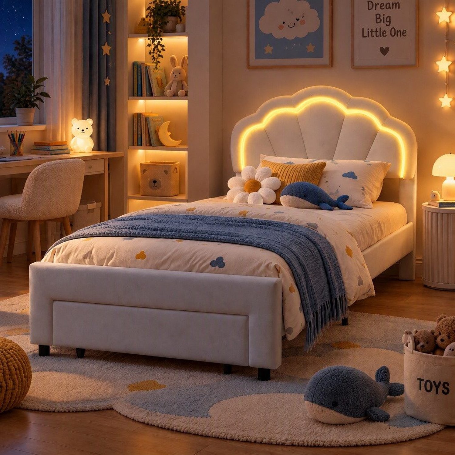 Mofor Gestoffeerd Eenpersoonsbed 90x200 cm met Lade en RGB LED-verlichting - Fluwelen Bed met Schelpdesign - Wit