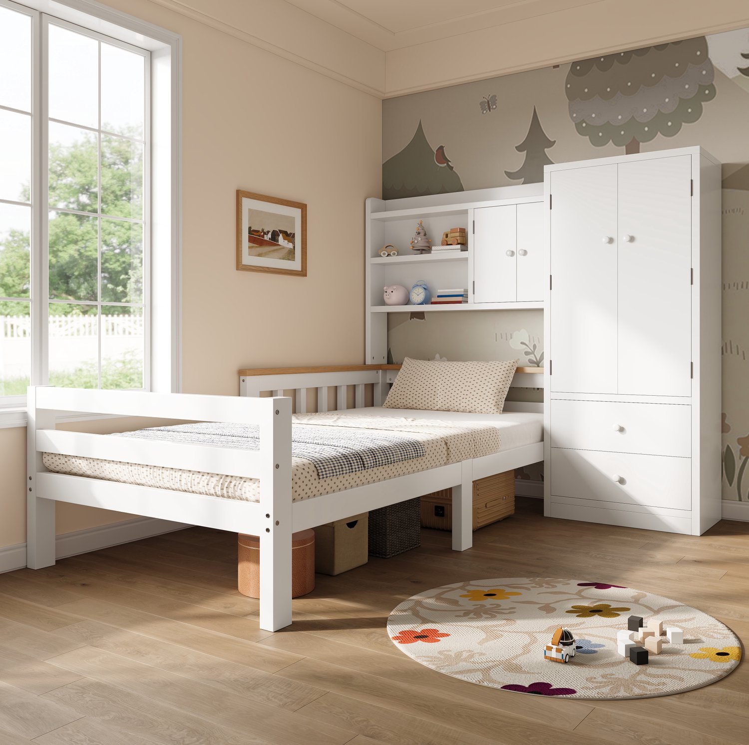 STILVORA Kinderbed 90x200 cm – Met Kledingkast en Uitvalbeveiliging – Laden en Open Vakken – Voor Kinderkamers – Hout en MDF – Zonder Matras – Wit