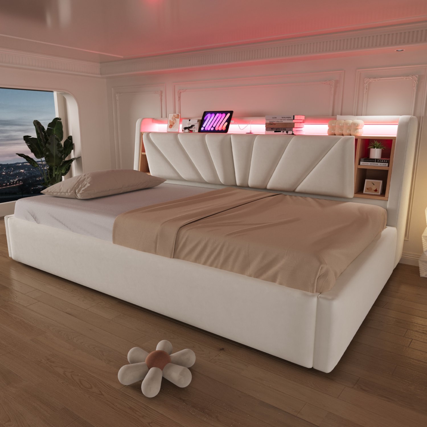 STILVORA Slaapbank 90x200 cm – Hydraulische Opbergruimte – Rugleuning met Ledverlichting en Usb-Aansluiting – Fluwelen Stof – Zonder Matras – Beige