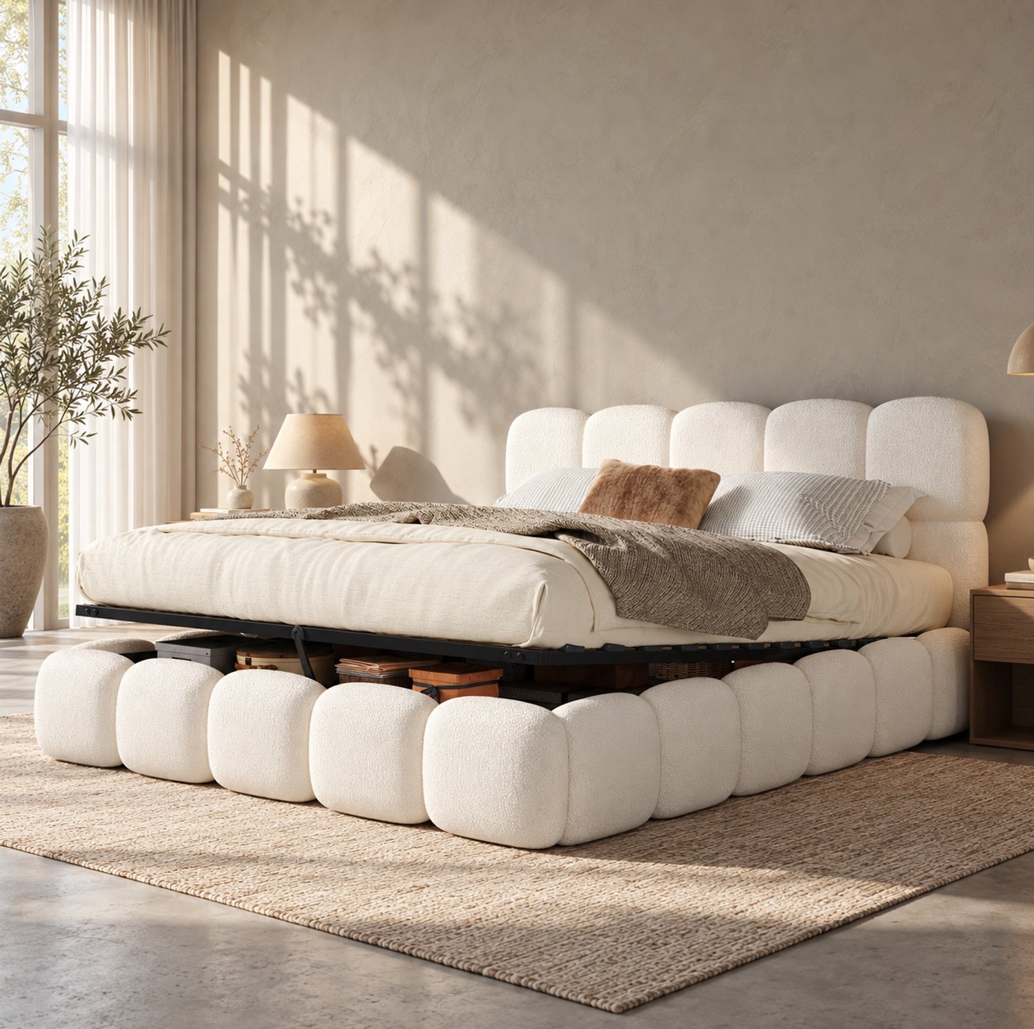 MIVRAY Gestoffeerd Bed 200x200cm - Tweepersoonsbed met Hydraulische Opbergruimte - Lattenbodem Inbegrepen - Bouclé - Wit- Zonder Matras
