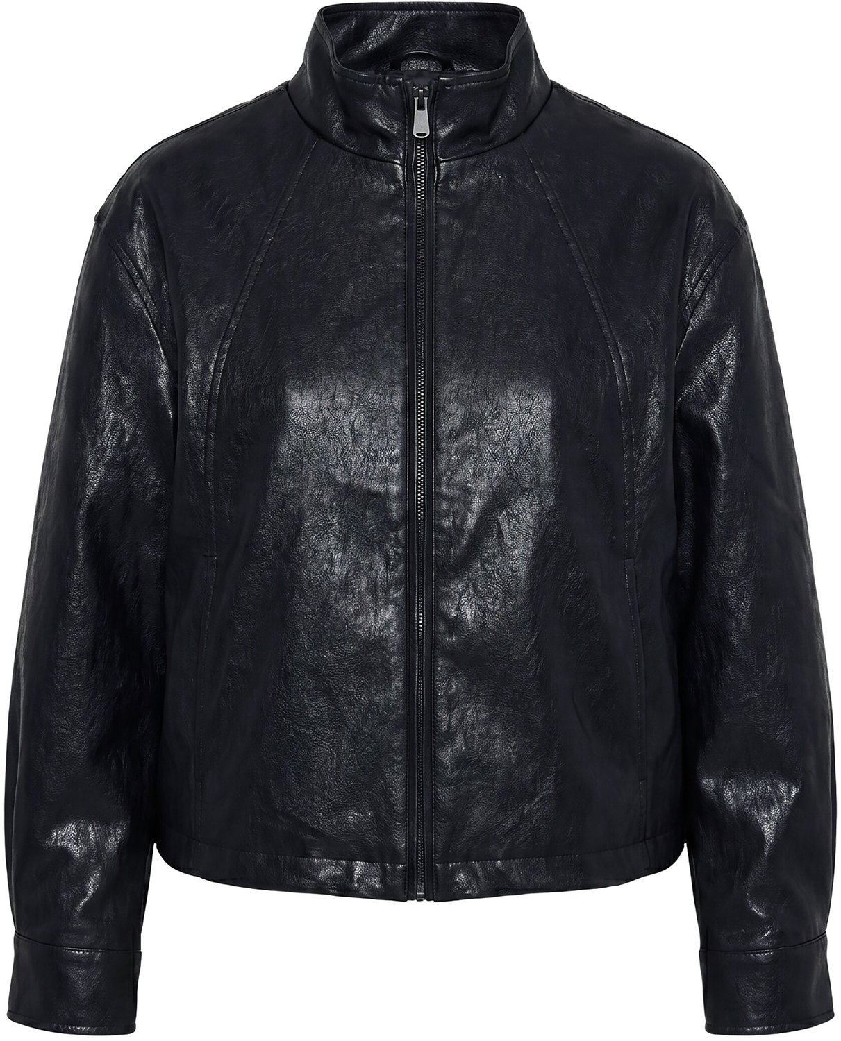Ulla Popken - Dames - Bikerjack leerlook opstaande kraag lange mouwen - Zwart - Maat 46+