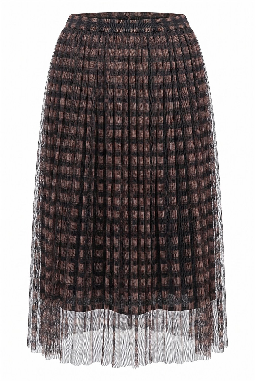Ulla Popken - Dames - Maxi-rok tule ruitmotief A-lijn elastische tailleband - Donkerbruin - Maat 46+