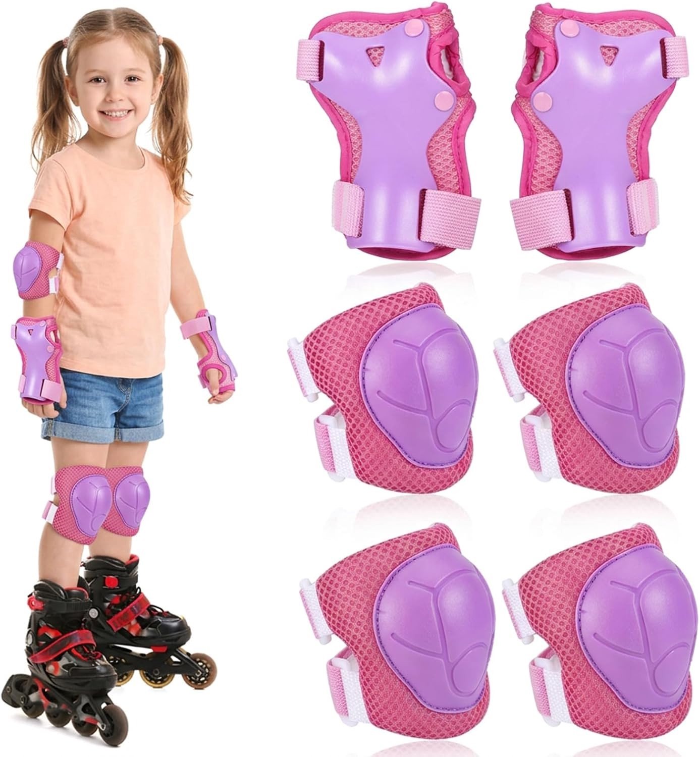 Set van 6 Stuks Knie- en Elleboogbeschermers voor Kinderen, Dikke Bescherming voor Skaten, Fietsen en Rollerbladen (Roze)