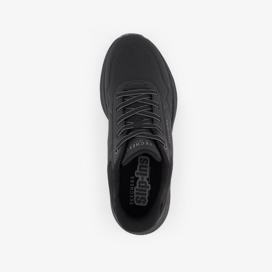 Zwarte Skechers instapper met veters en 'Slip-ins' logo op de binnenzool.