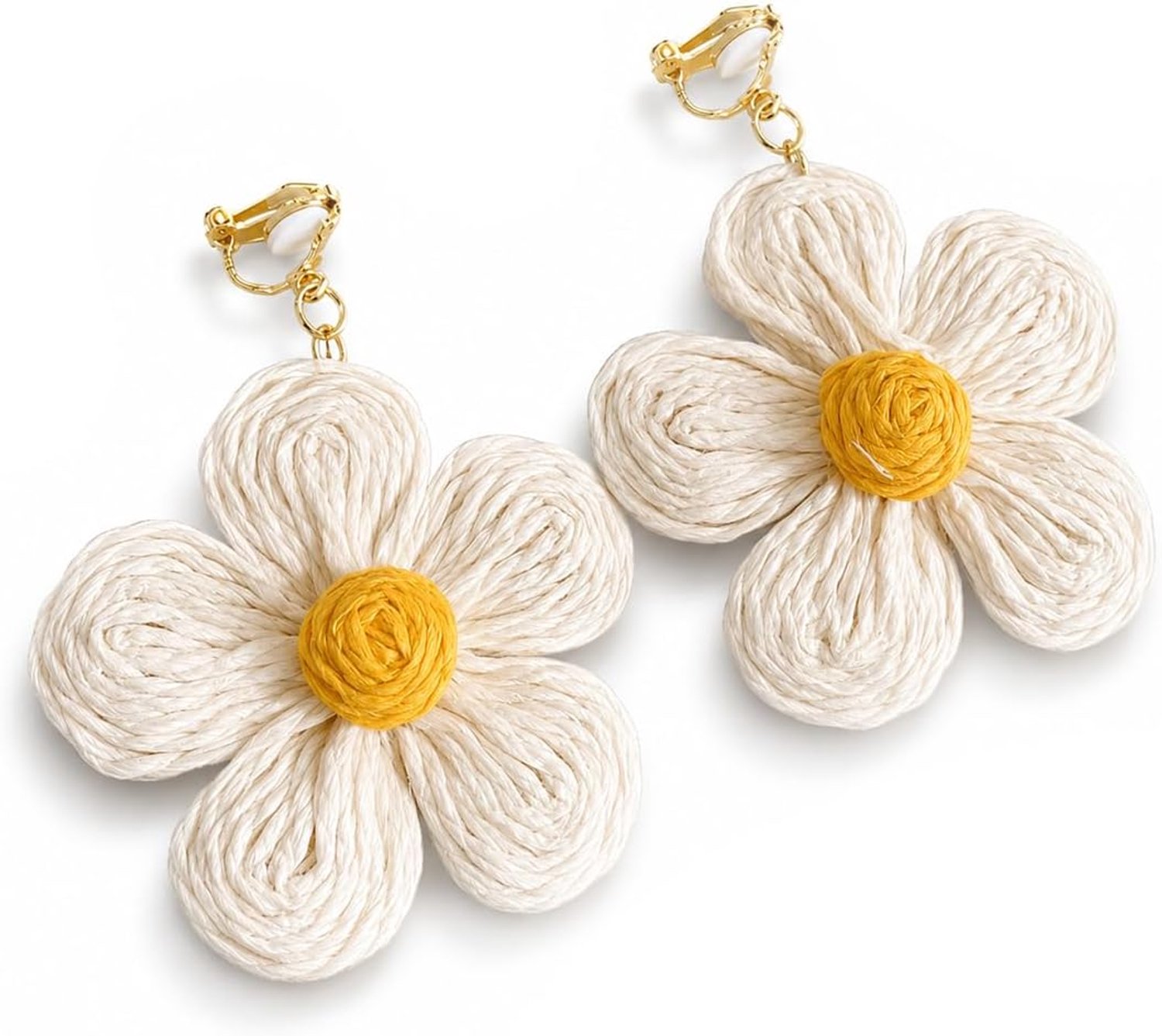 2 paar oorbellen met clip, bloemen, modieuze accessoires voor dames, witte en gele bloemen, materiaal hars en - ShopVlot