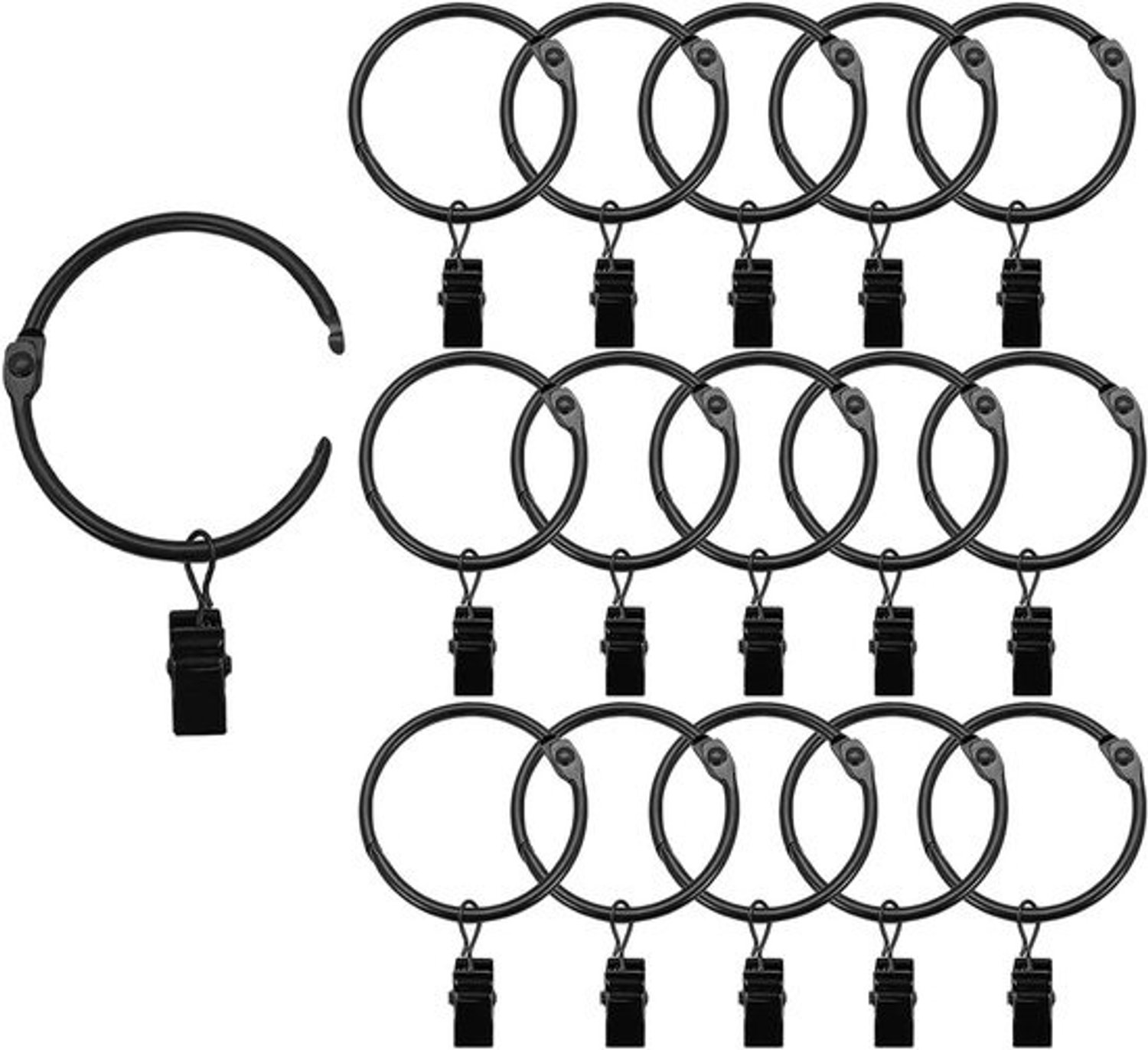 16 stuks te openen gordijnringen met clips, raamklemringen, zwarte gordijnhaken hangers clip ringen voor het ophangen van gordijnen, strikken, diameter 1,26 inch, past tot 2,5 cm stang, zwart