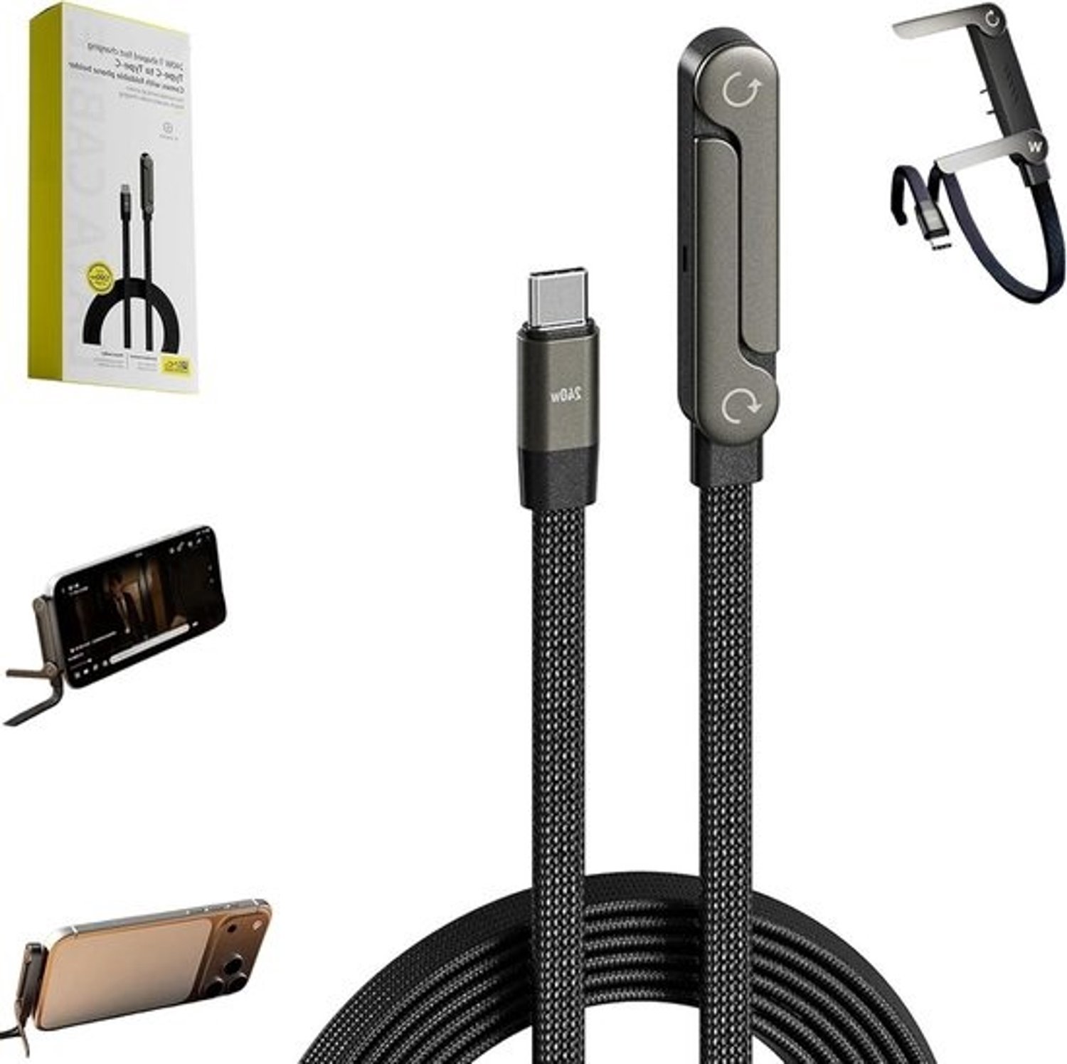 Oplaadkabel met standaard - Telefoonhouder kabel - Handsfree kijken - 2-in-1 ontwerp - 15 meter - Zwart