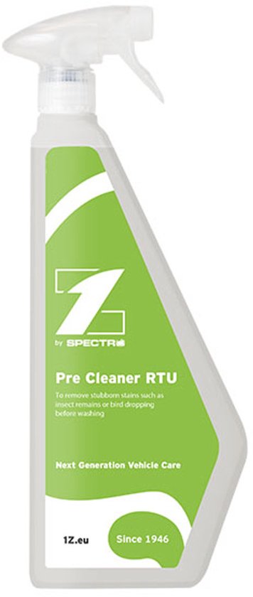 Spuitfles 1Z Pre Cleaner RTU met groen etiket voor het verwijderen van insectenresten van voertuigen.