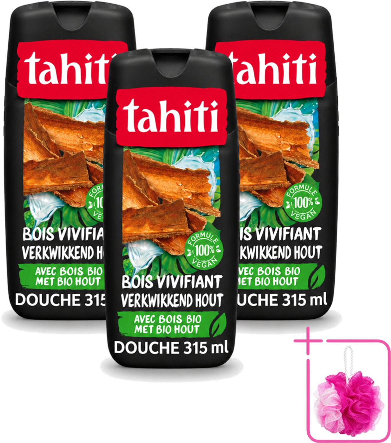 3 x Tahiti – Douchegel – Tropenhout Vegan - 315 ml - Bulkverpakking - Douchegel tropisch hout - Douchemop - Vegan douchegel